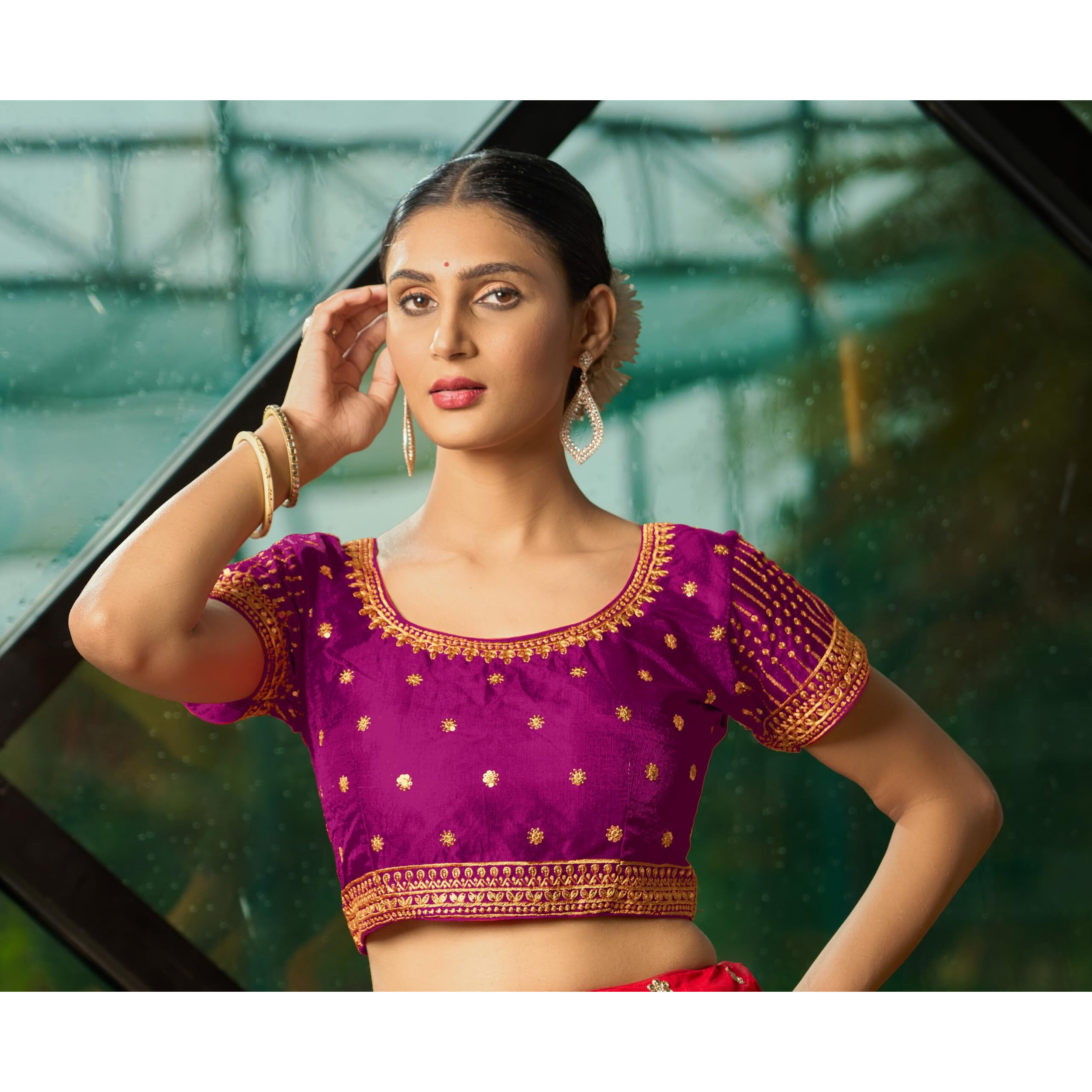 Pujia Mills Women's Wine Readymade Blouse Embroidery Multi Coding Gold Thread Indian Ethnic Designer Blouse Stitched Women's Readymade Short Sleeve Saree Blouse for Women for Saree Lehenga Choli