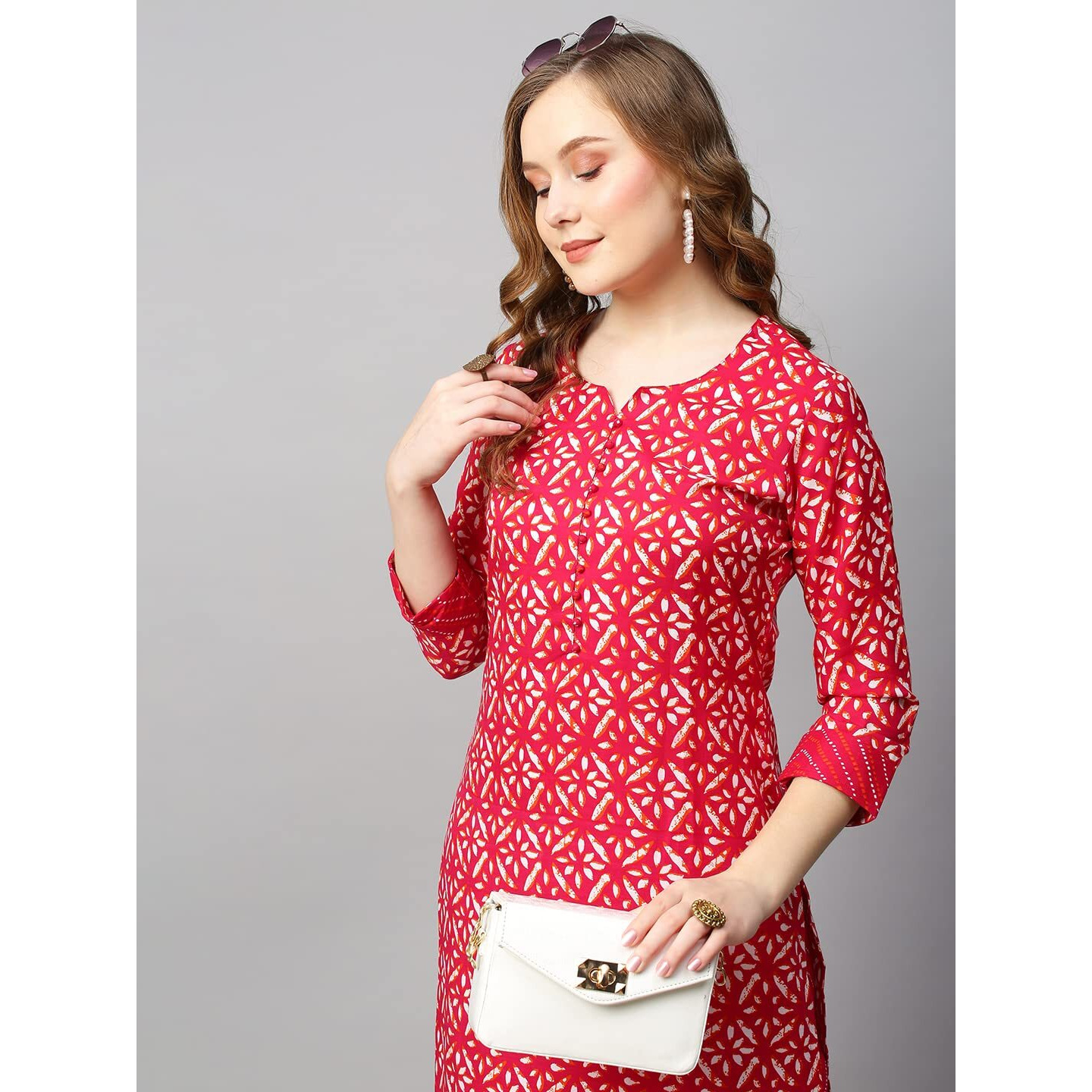 ANNI DESIGNER Women's Cotton Blend Straight Printed Kurta with Pant (Dravini Red_S_Red_Small)