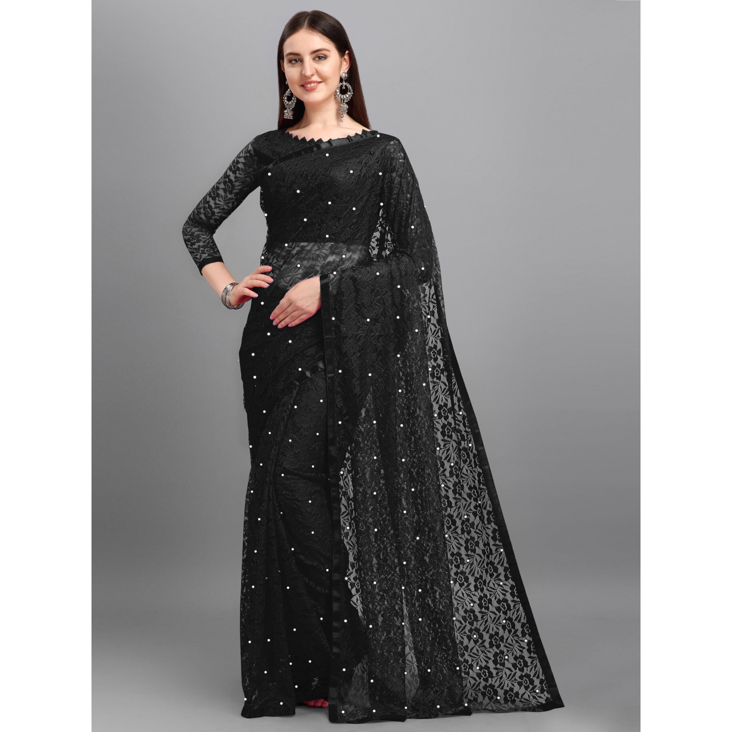 LOROFY Women's Brasso Net Saree With Blouse (Black)