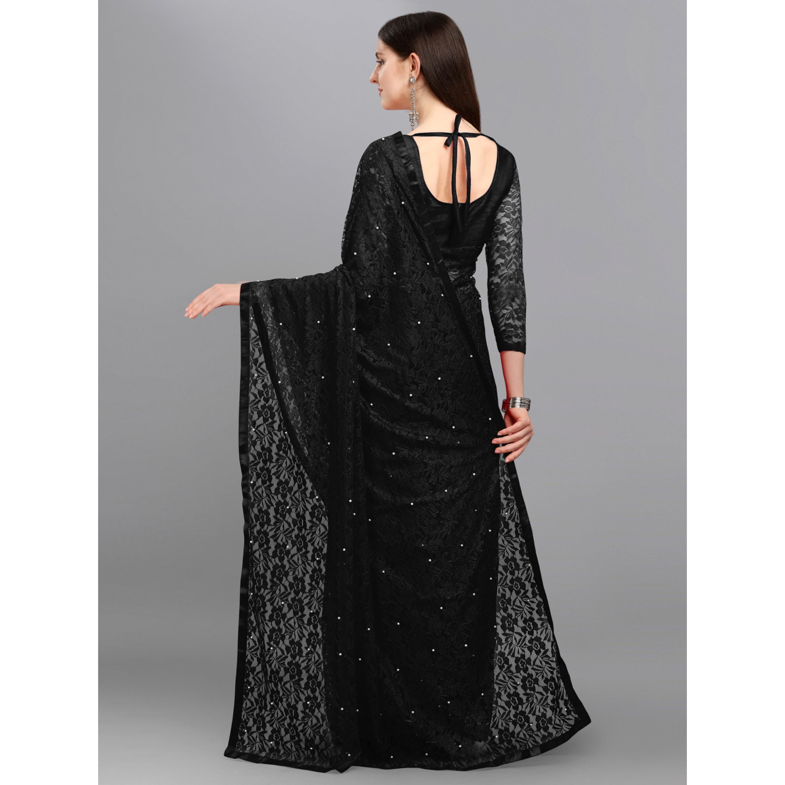 LOROFY Women's Brasso Net Saree With Blouse (Black)