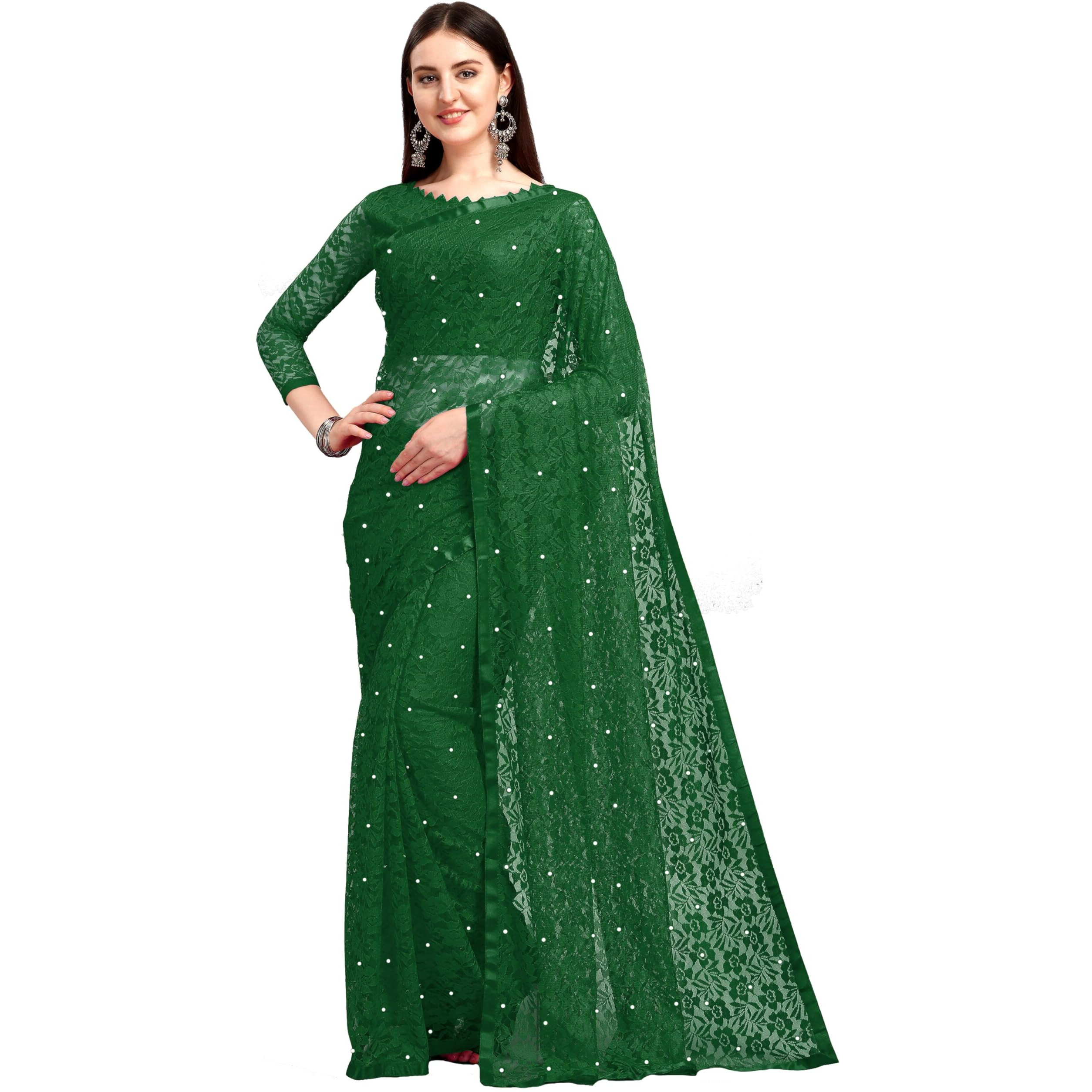 LOROFY Women's Brasso Net Saree With Blouse (BottalGreen)