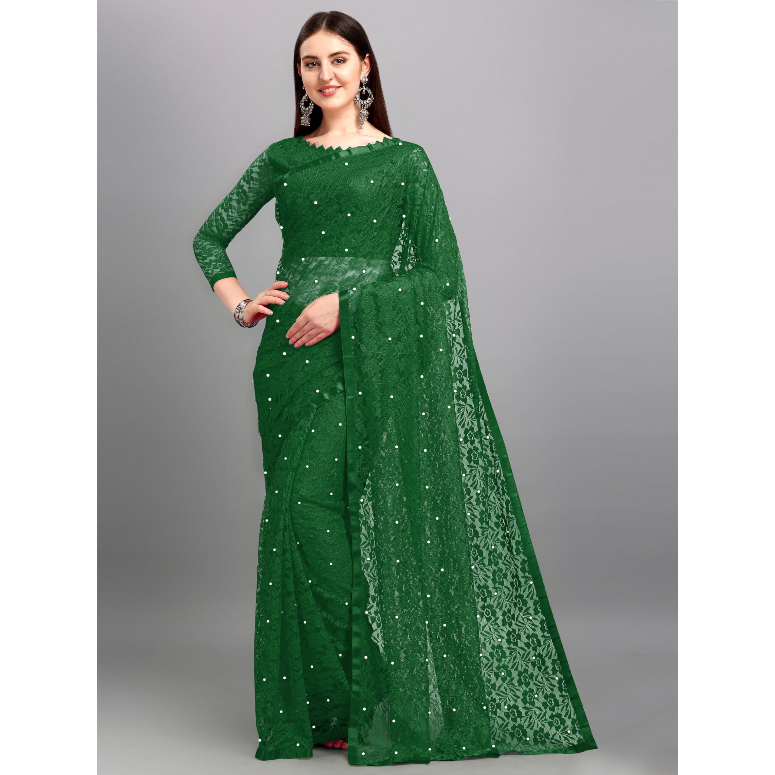 LOROFY Women's Brasso Net Saree With Blouse (BottalGreen)