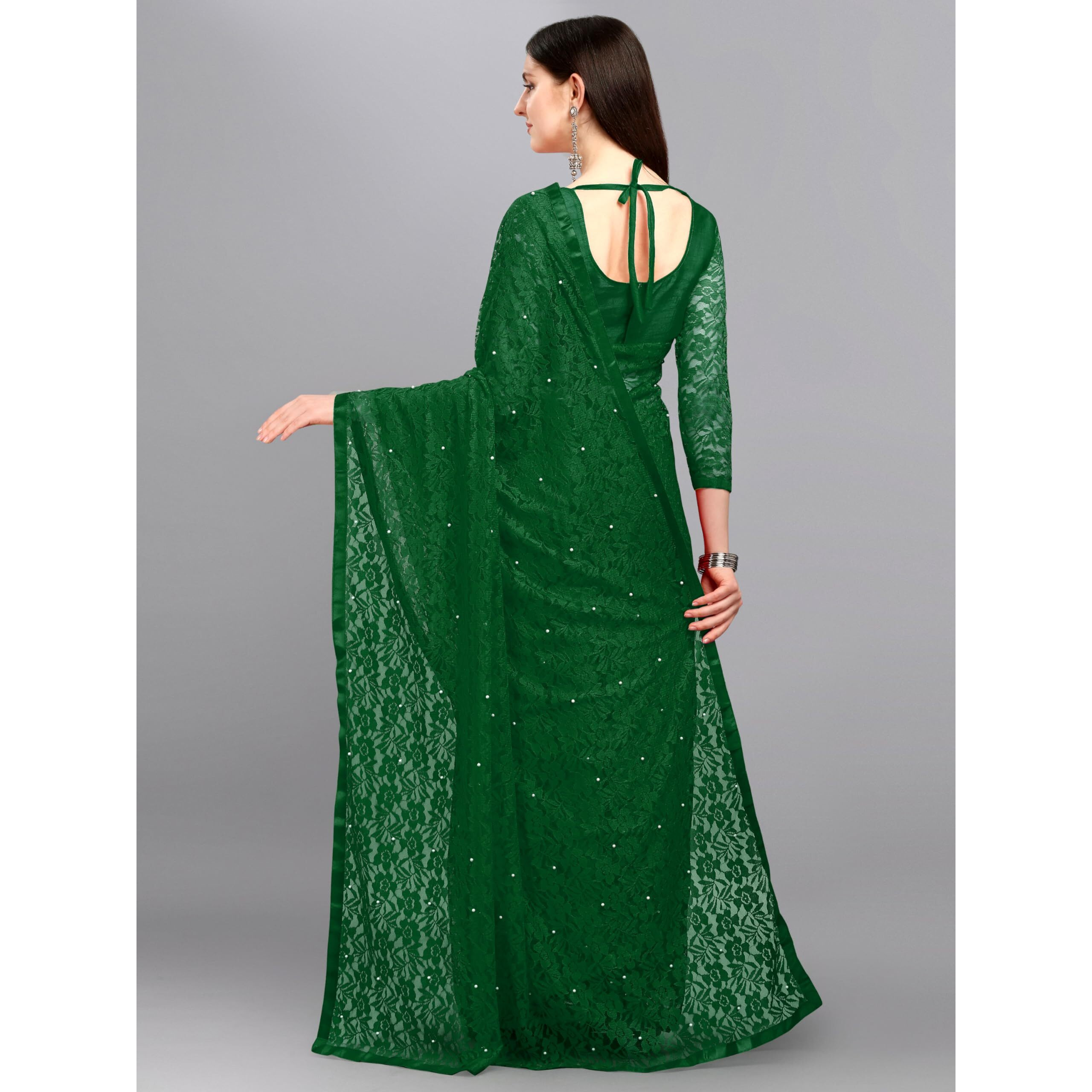 LOROFY Women's Brasso Net Saree With Blouse (BottalGreen)