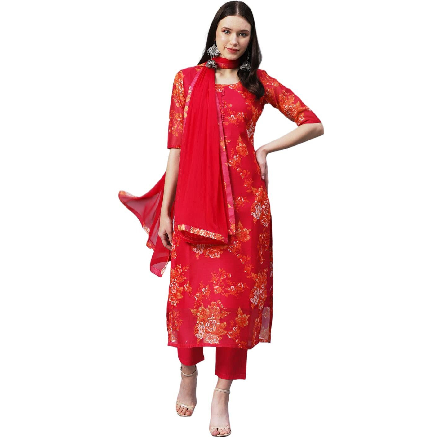 GoSriKi Women's Chanderi Cotton Printed Straight Kurta with Pant & Dupatta (AUX-Orange-GS_S_Pink_Small)