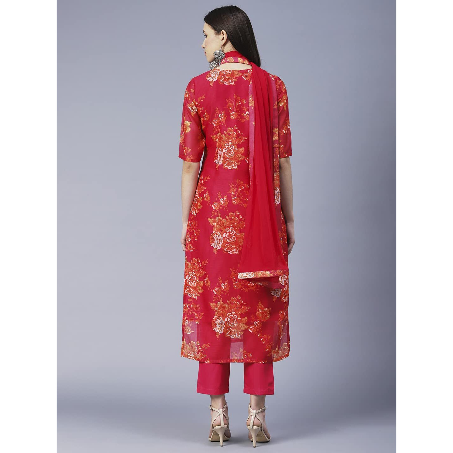 GoSriKi Women's Chanderi Cotton Printed Straight Kurta with Pant & Dupatta (AUX-Orange-GS_S_Pink_Small)