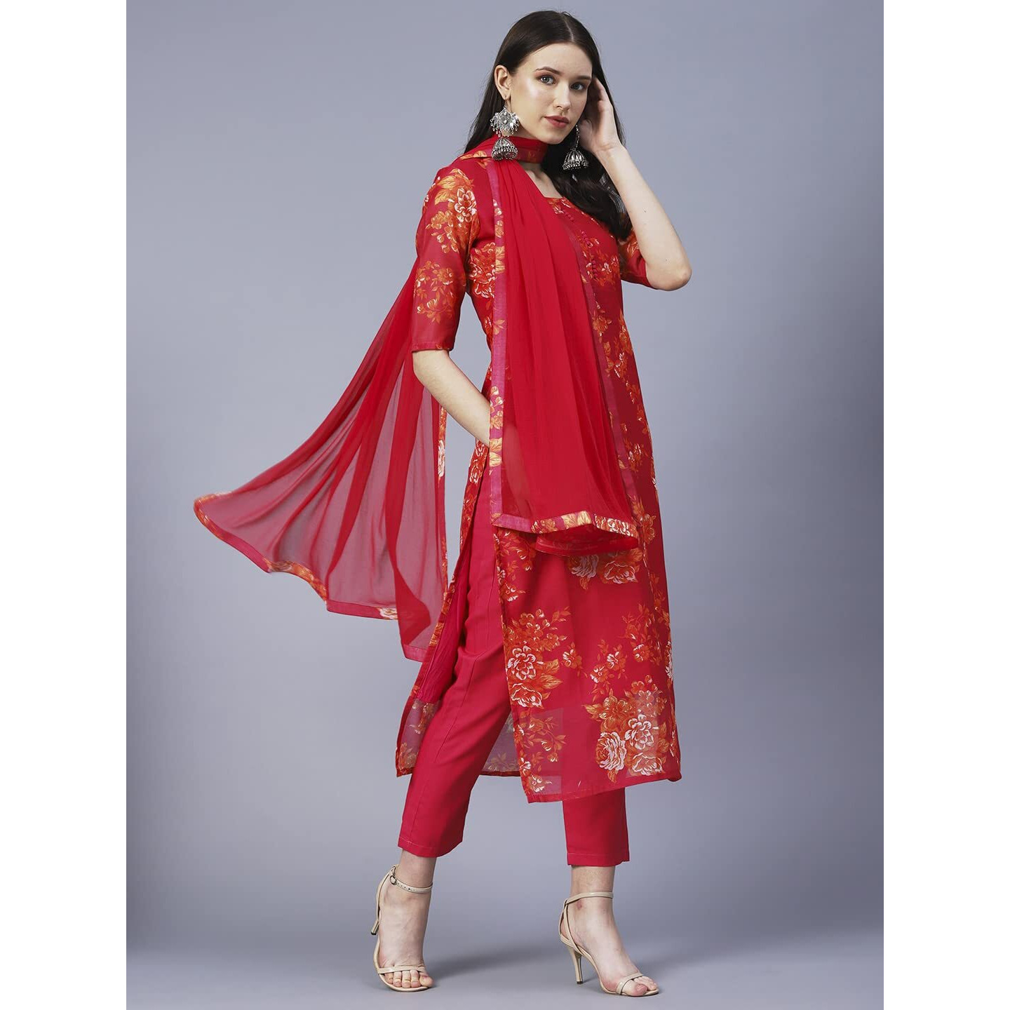 GoSriKi Women's Chanderi Cotton Printed Straight Kurta with Pant & Dupatta (AUX-Orange-GS_S_Pink_Small)