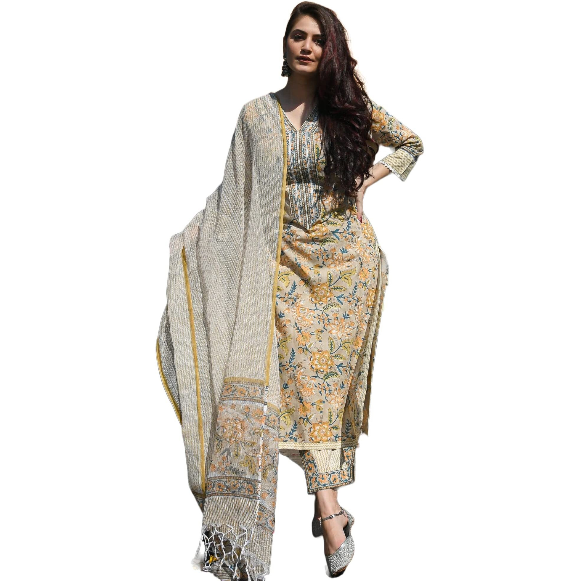 KLOSIA Women Floral Printed Kurta and Pant Set with Dupatta (Large)