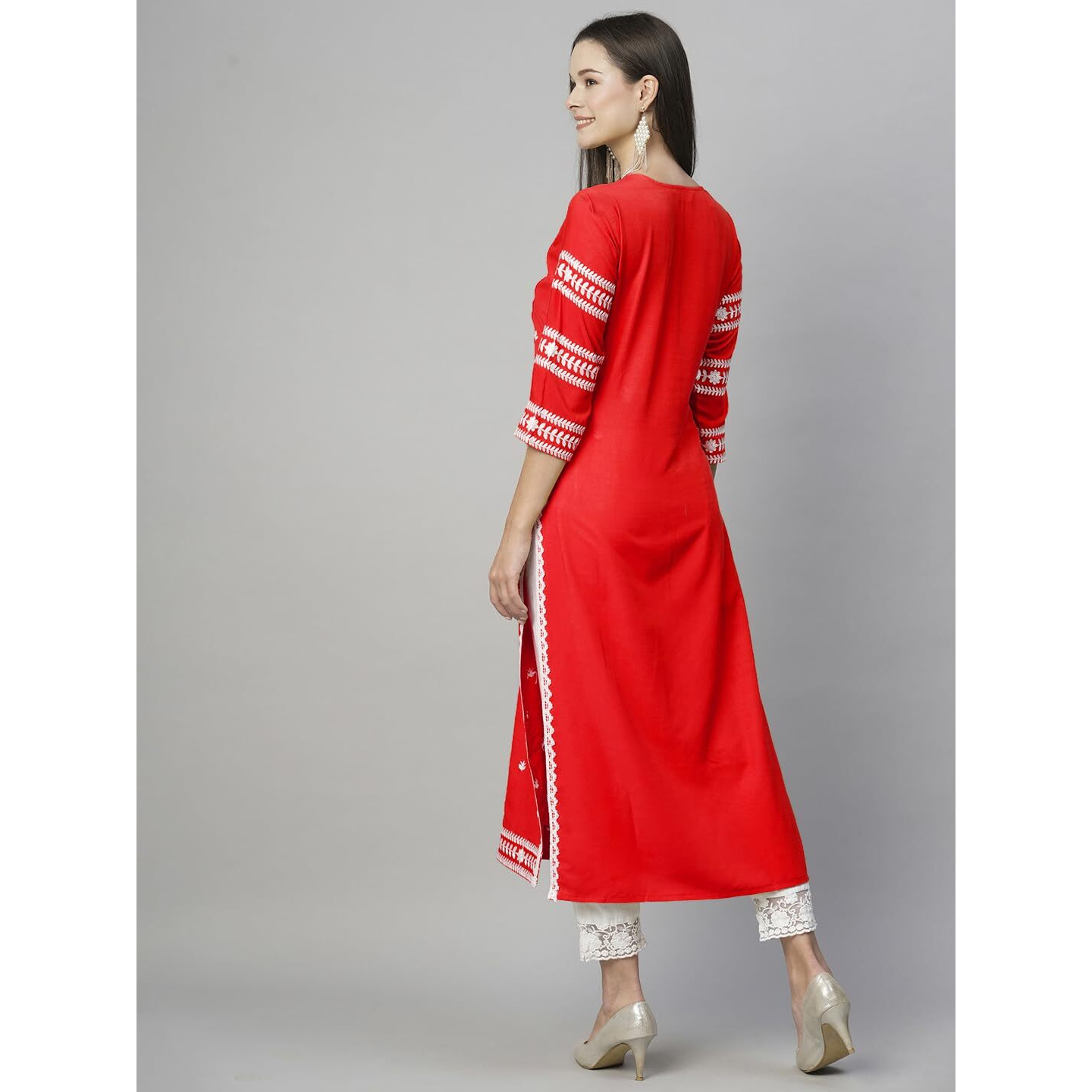 ANNI DESIGNER Women's Cotton Blend Chikankari Embroidered Straight Kurta (STHO-RED-NW_S_Red_Small)