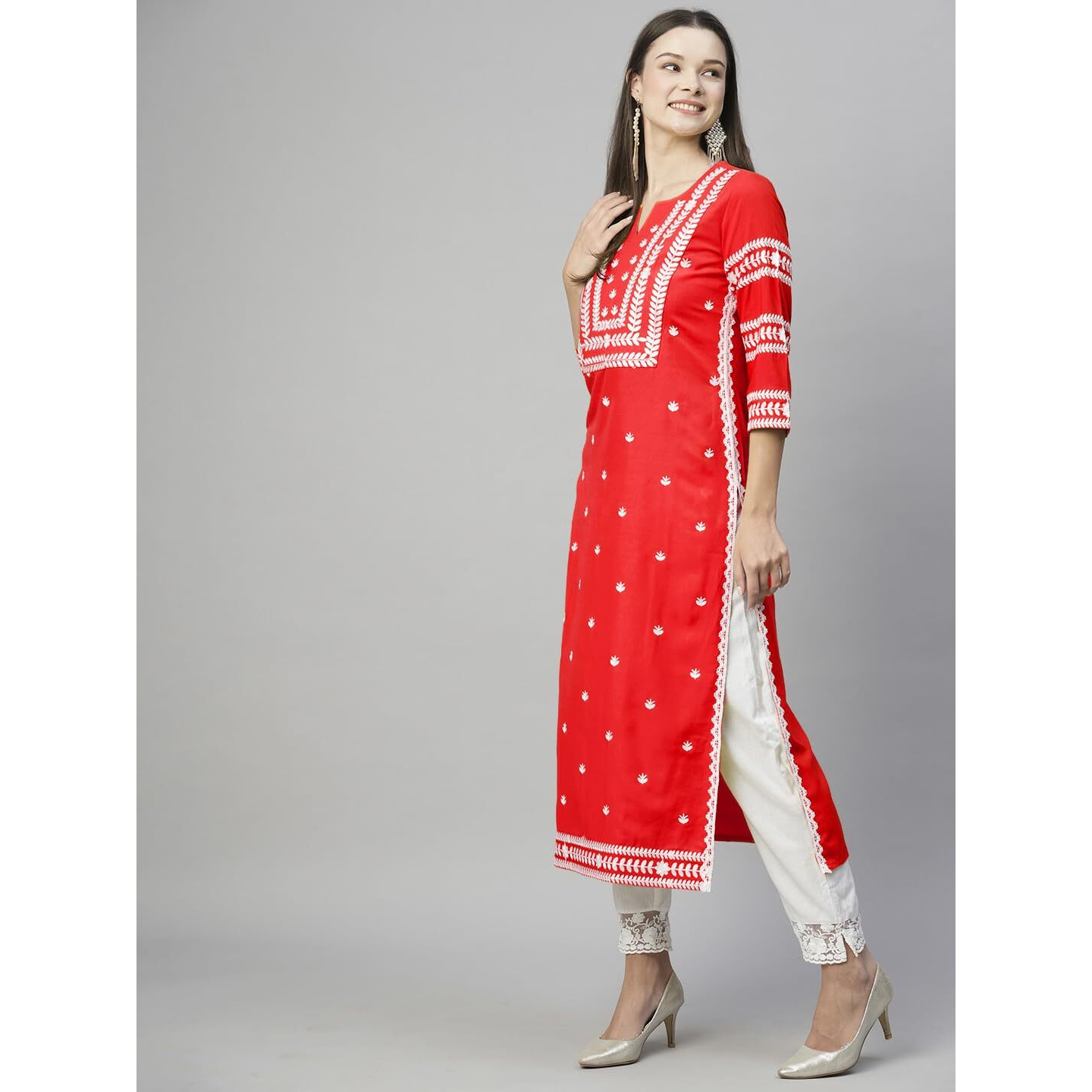 ANNI DESIGNER Women's Cotton Blend Chikankari Embroidered Straight Kurta (STHO-RED-NW_S_Red_Small)