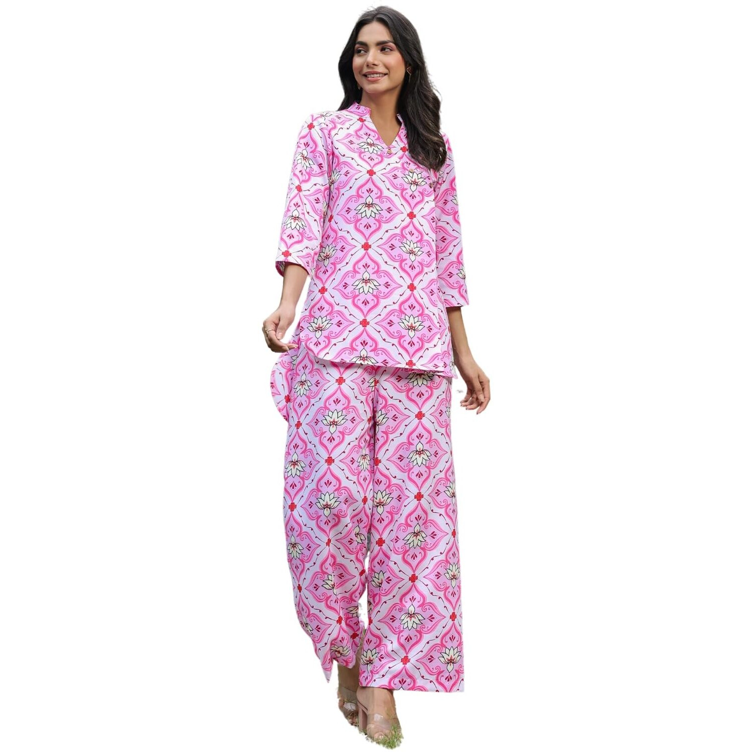 Leriya Fashion WOMEN PRINTED PARTY REGULAR FIT ETHNIC WEAR CO-ORD KURTA SET FOR WOMEN (LF-W2104&TR1059-S-PINK)