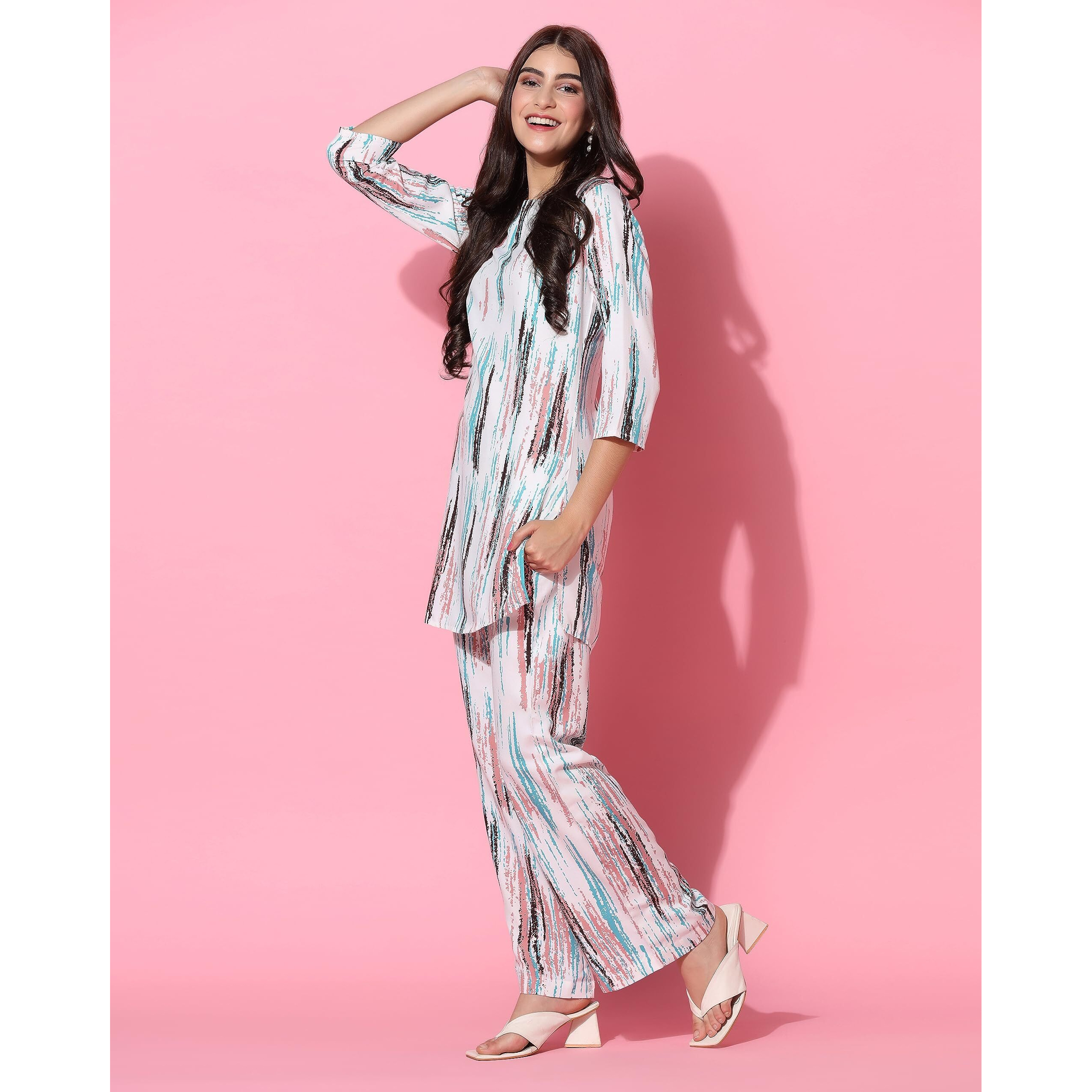 TOPLOT Co-ord Kurta Set for Women Printed Straight Kurta with Plazzo (Plazzo-Pair-5137-White-S)