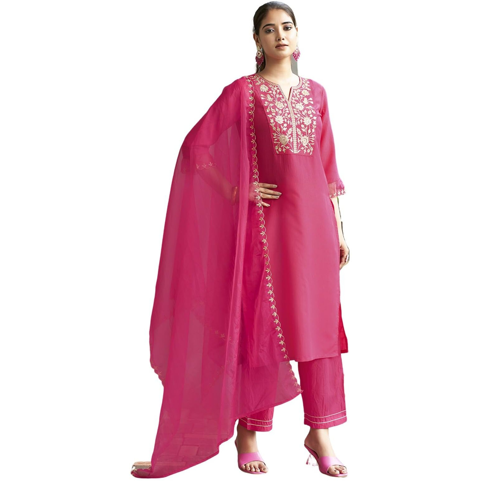 Sanisa Women's Chinnon Silk & Organza Sequence and Embroidery Work Straight Kurta with Pant and Dupatta Set (38KBD479NB-S_Dark Hot Pink)