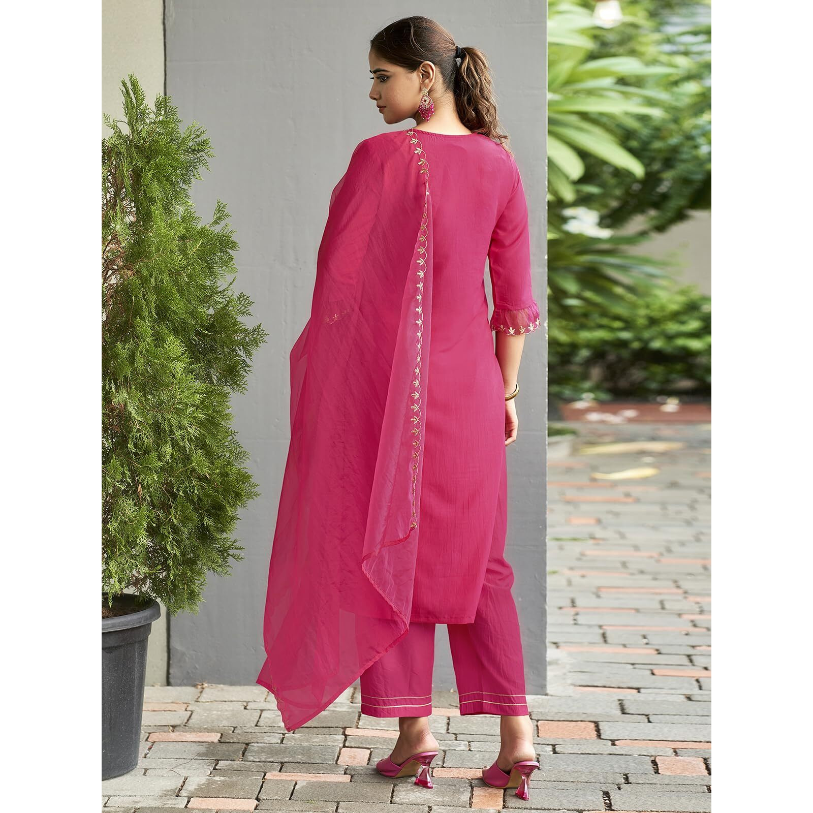 Sanisa Women's Chinnon Silk & Organza Sequence and Embroidery Work Straight Kurta with Pant and Dupatta Set (38KBD479NB-S_Dark Hot Pink)