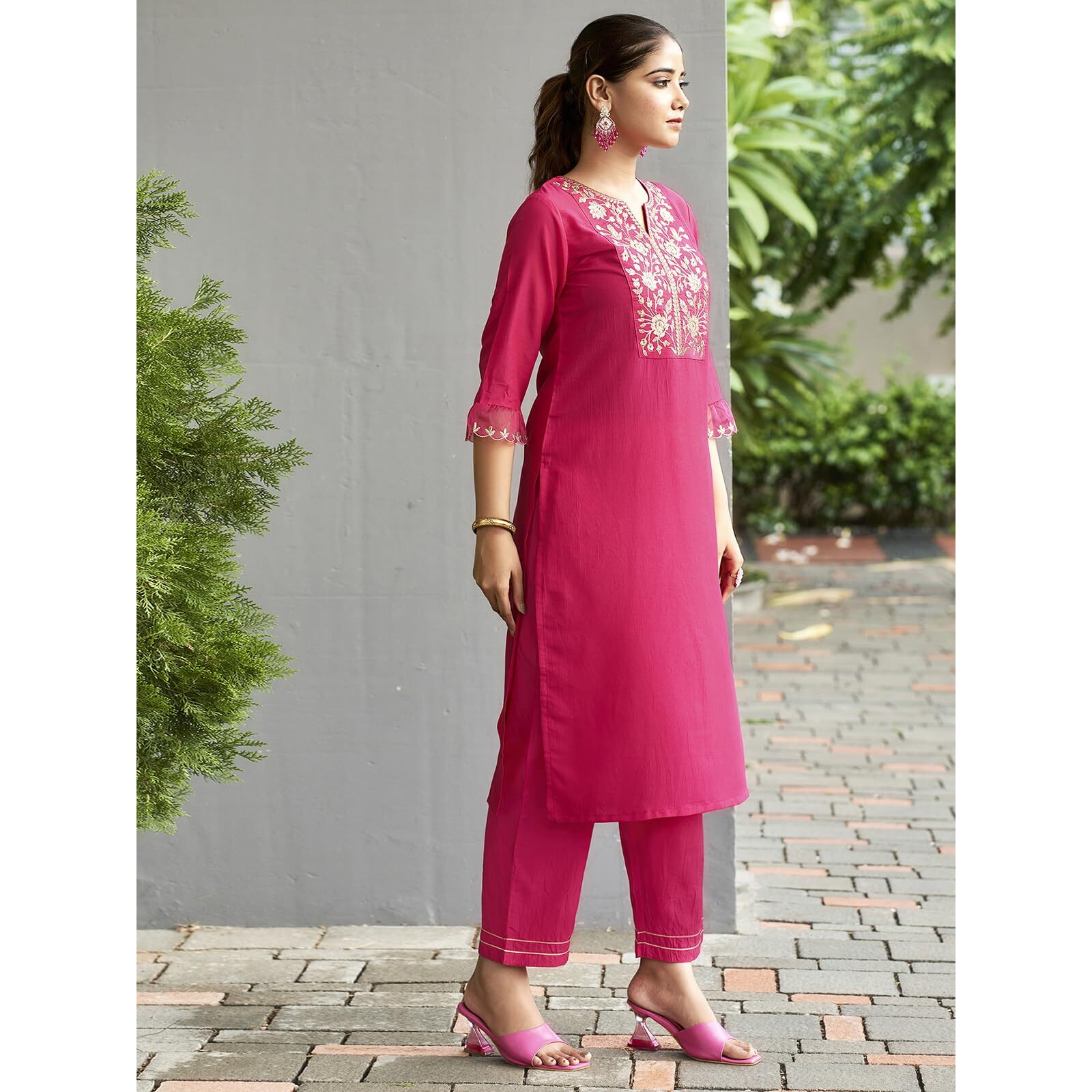 Sanisa Women's Chinnon Silk & Organza Sequence and Embroidery Work Straight Kurta with Pant and Dupatta Set (38KBD479NB-S_Dark Hot Pink)