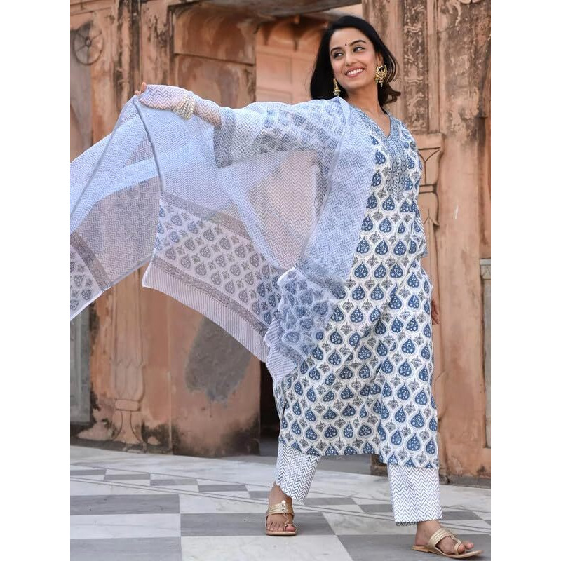 Pinkmint Women Hand Block Printed Kurta and Palazzo Set with Dupatta