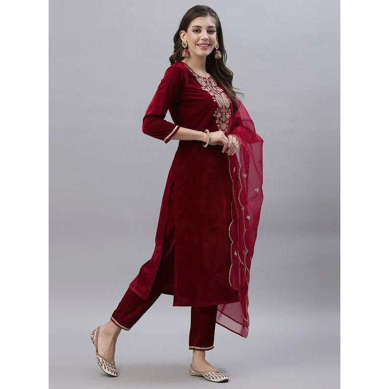 Sanisa Women's Embroidery Velvet Straight Kurta Set with Dupatta (26KBD353N-M_Red)
