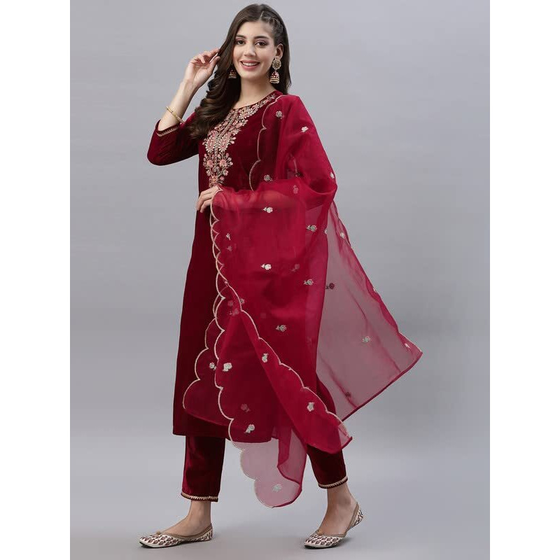 Sanisa Women's Embroidery Velvet Straight Kurta Set with Dupatta (26KBD353N-M_Red)