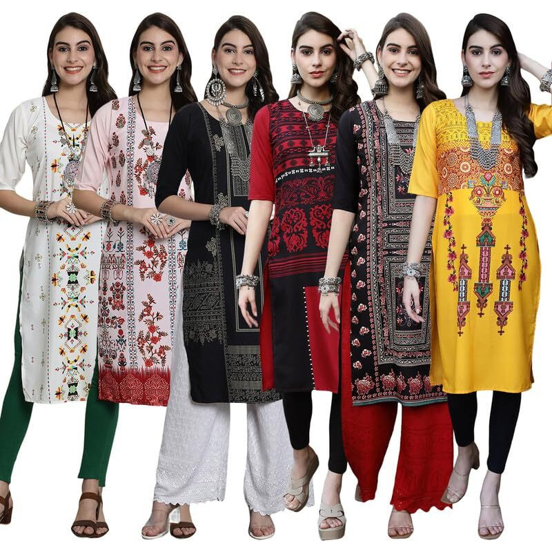 Pinkmint Printed Kurti for Women's Timeless Tradition Modern Kurtis with a Classic Touch (Pack of 6)