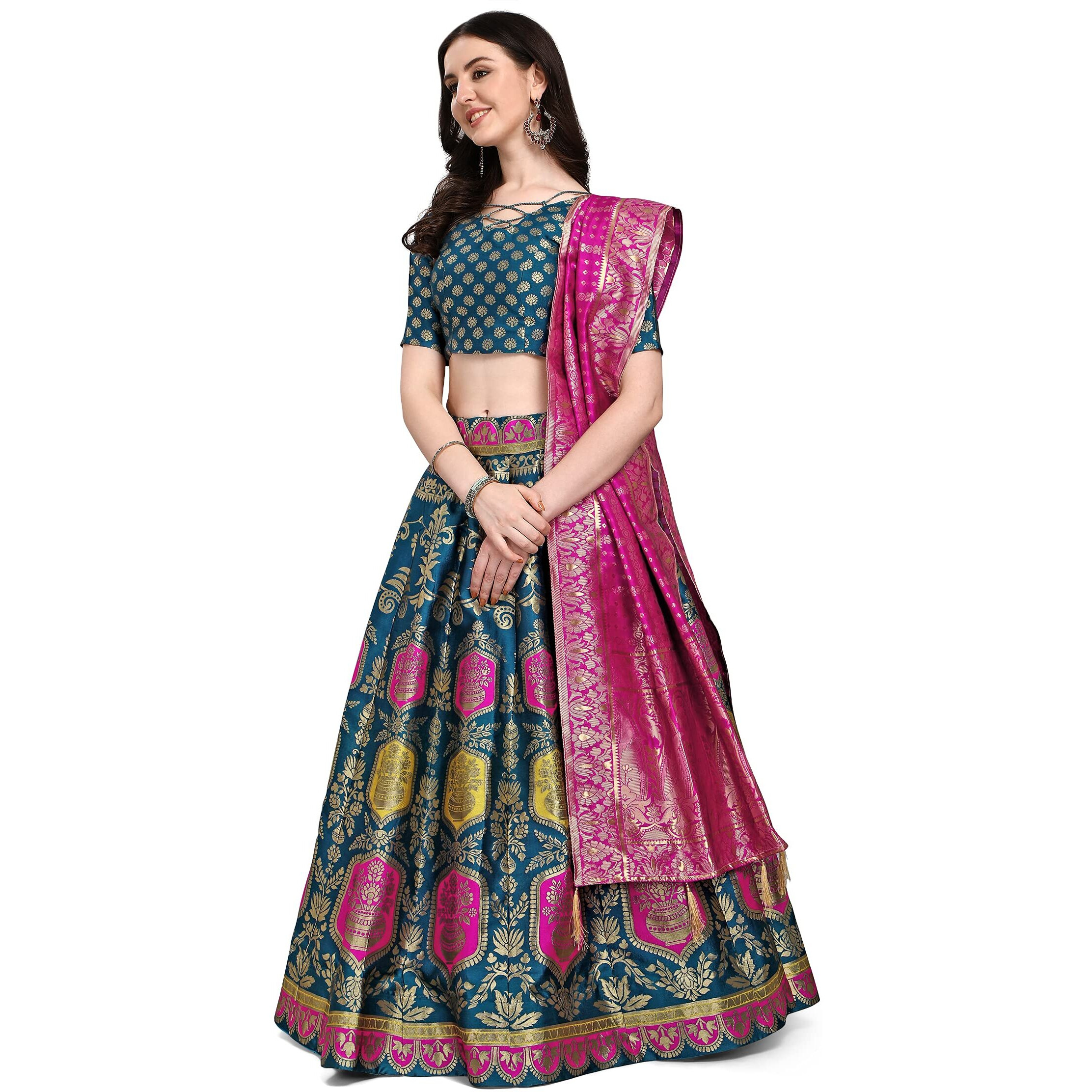 PURVAJA Women's Jacquard Semi-Stitched Lehenga choli (Kalash-Rama_Rama_Free Size)