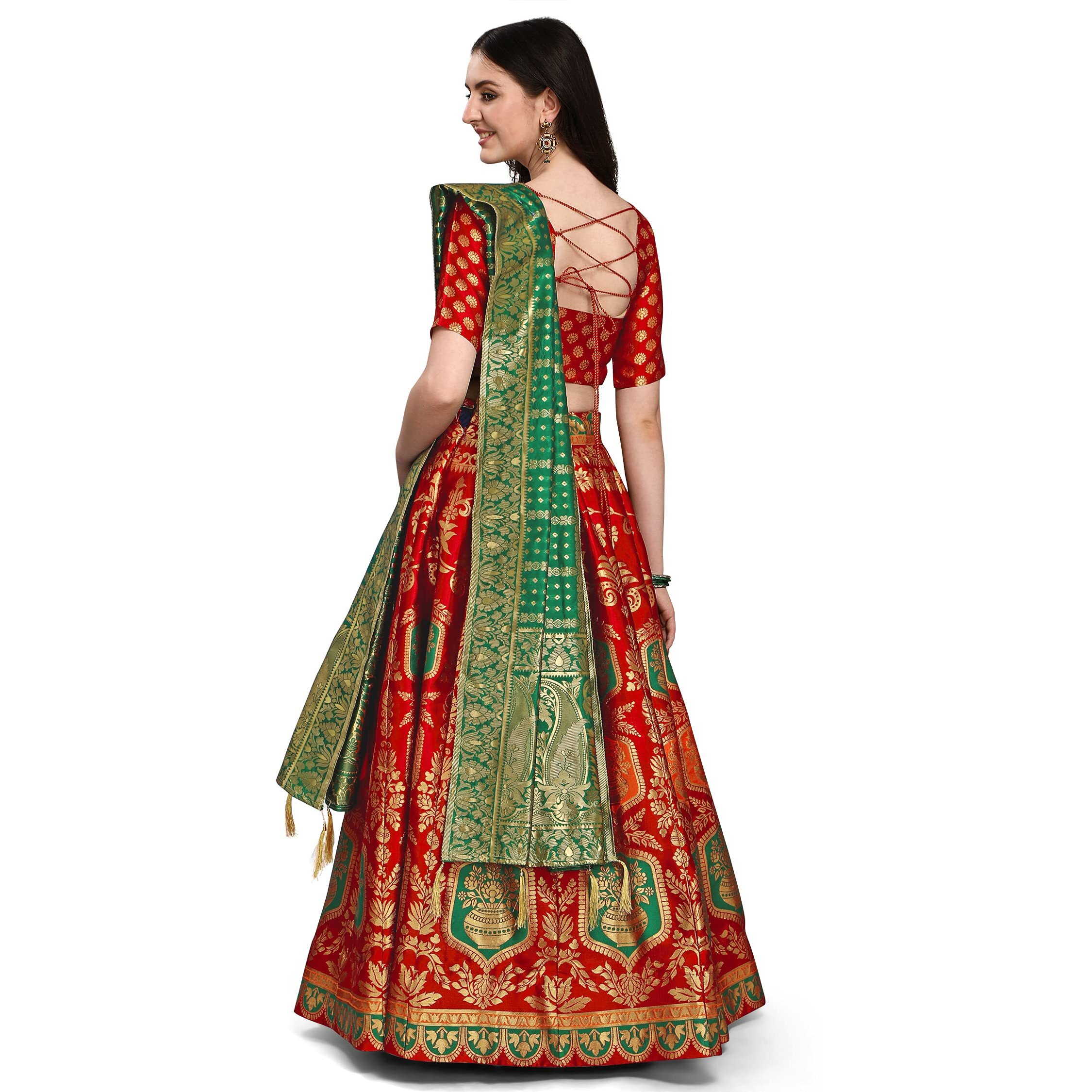 PURVAJA Women's Jacquard Semi-Stitched Lehenga choli (Kalash-Red_Red_Free Size)