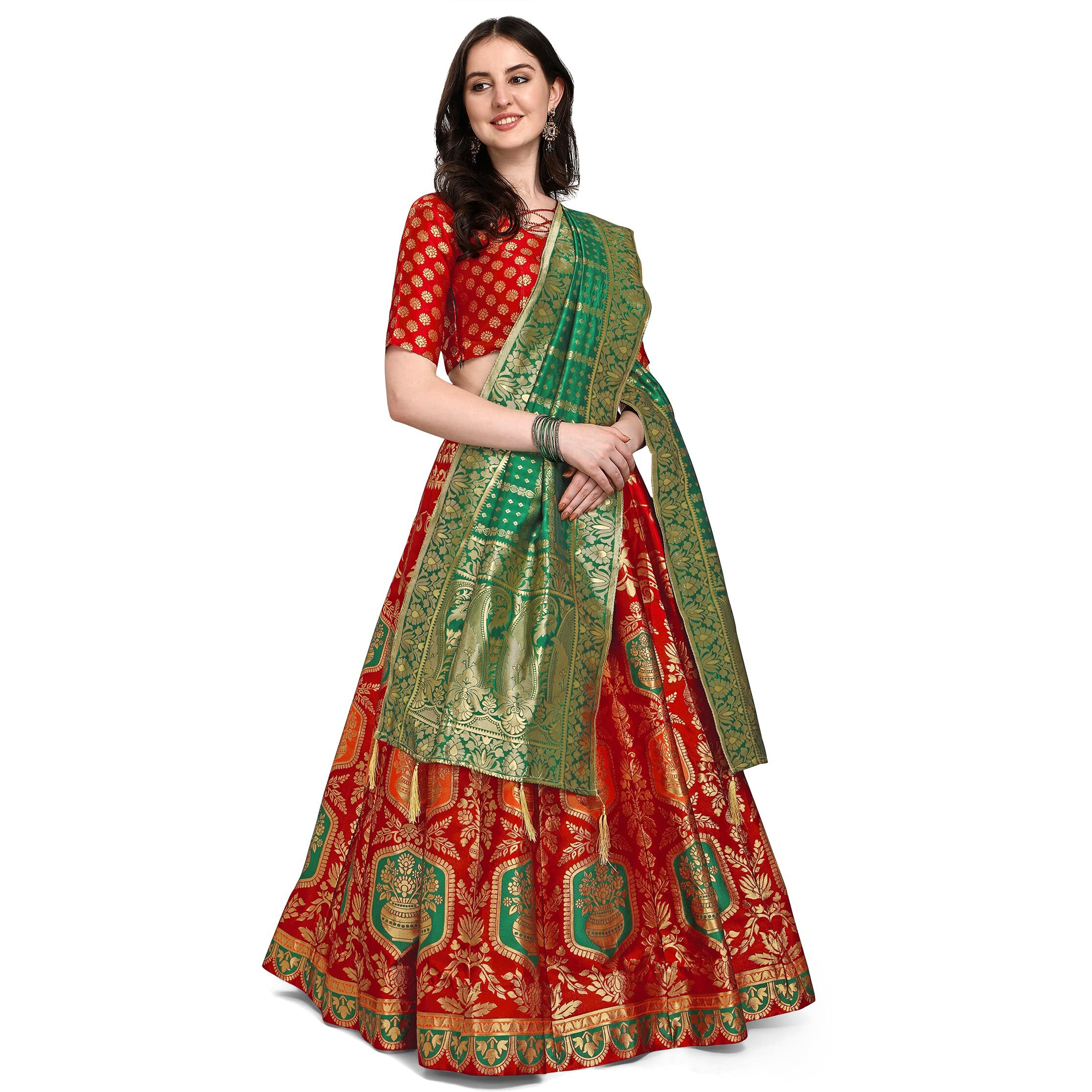 PURVAJA Women's Jacquard Semi-Stitched Lehenga choli (Kalash-Red_Red_Free Size)