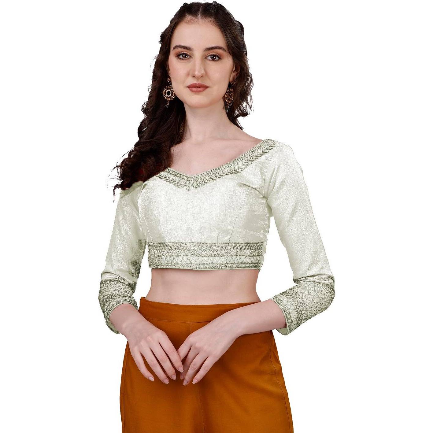 Pujia Mills Women's Milan Silk Heavy Embroidery with Sequins Worked Full Sleeve Fancy Saree Blouse White(Charlie White)