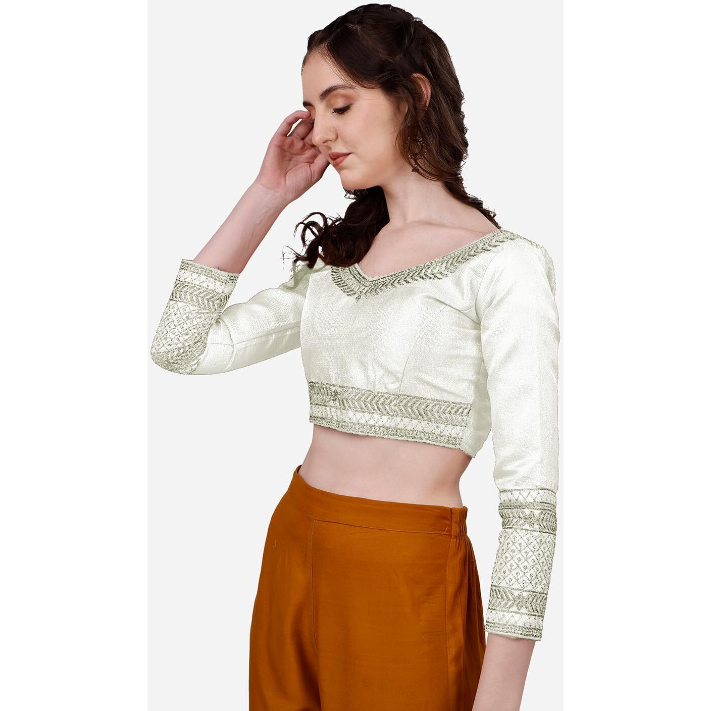 Pujia Mills Women's Milan Silk Heavy Embroidery with Sequins Worked Full Sleeve Fancy Saree Blouse White(Charlie White)