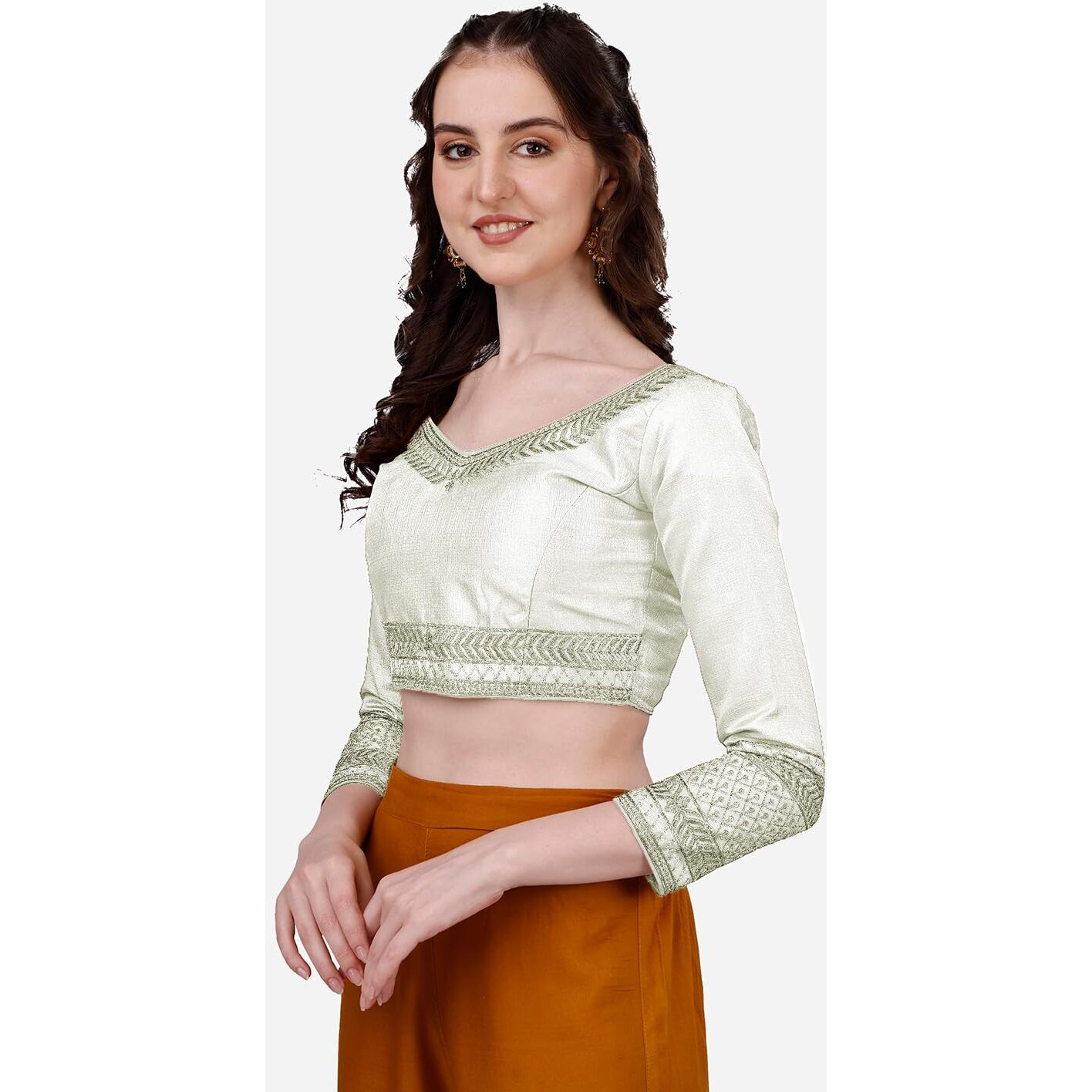 Pujia Mills Women's Milan Silk Heavy Embroidery with Sequins Worked Full Sleeve Fancy Saree Blouse White(Charlie White)