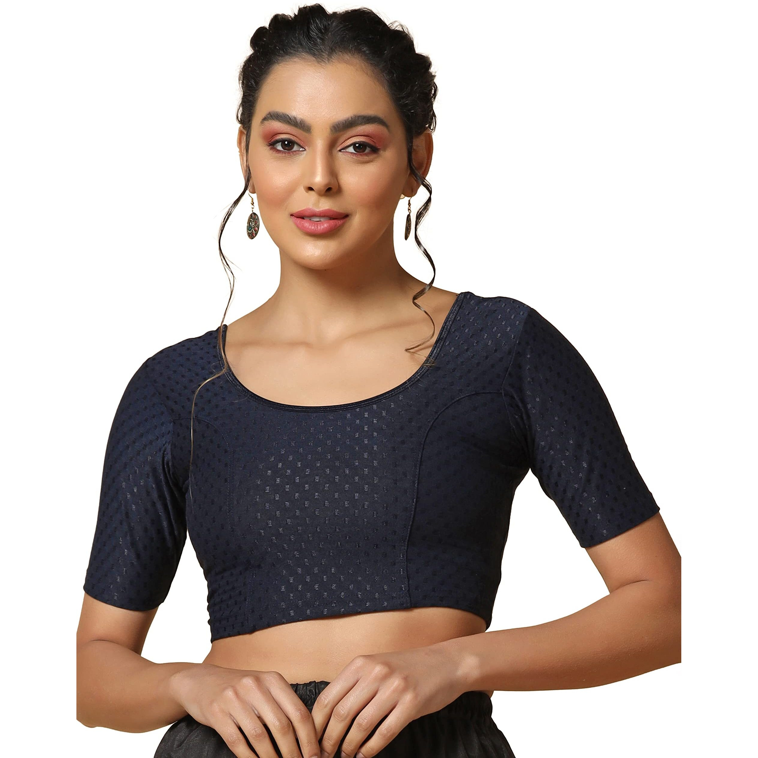 TOPLOT Cotton Blend Lycra Stretchable Round Neck Blouses for Women Readymade (Blouse-5058-Navy-30)