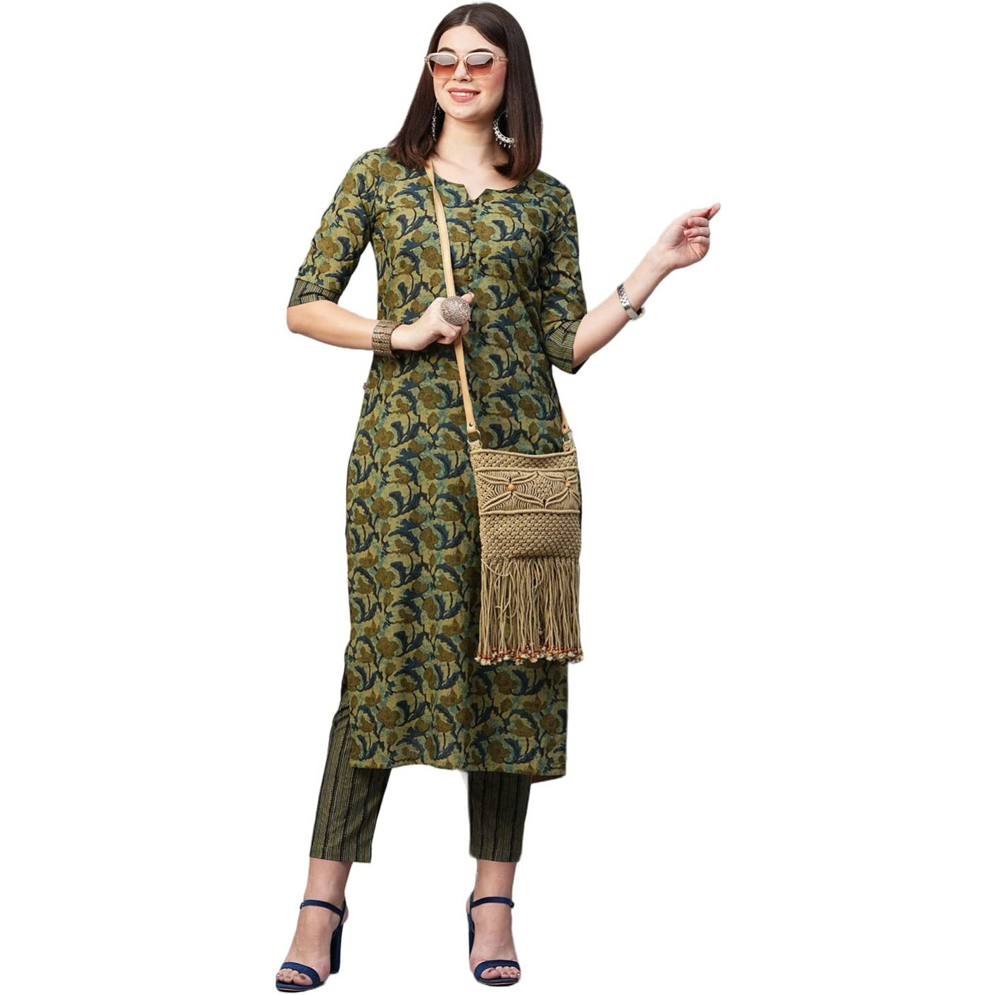 ANNI DESIGNER Women's Cotton Blend Printed Straight Kurta with Pant (Mangla Green-Nw_S_Green_Small)