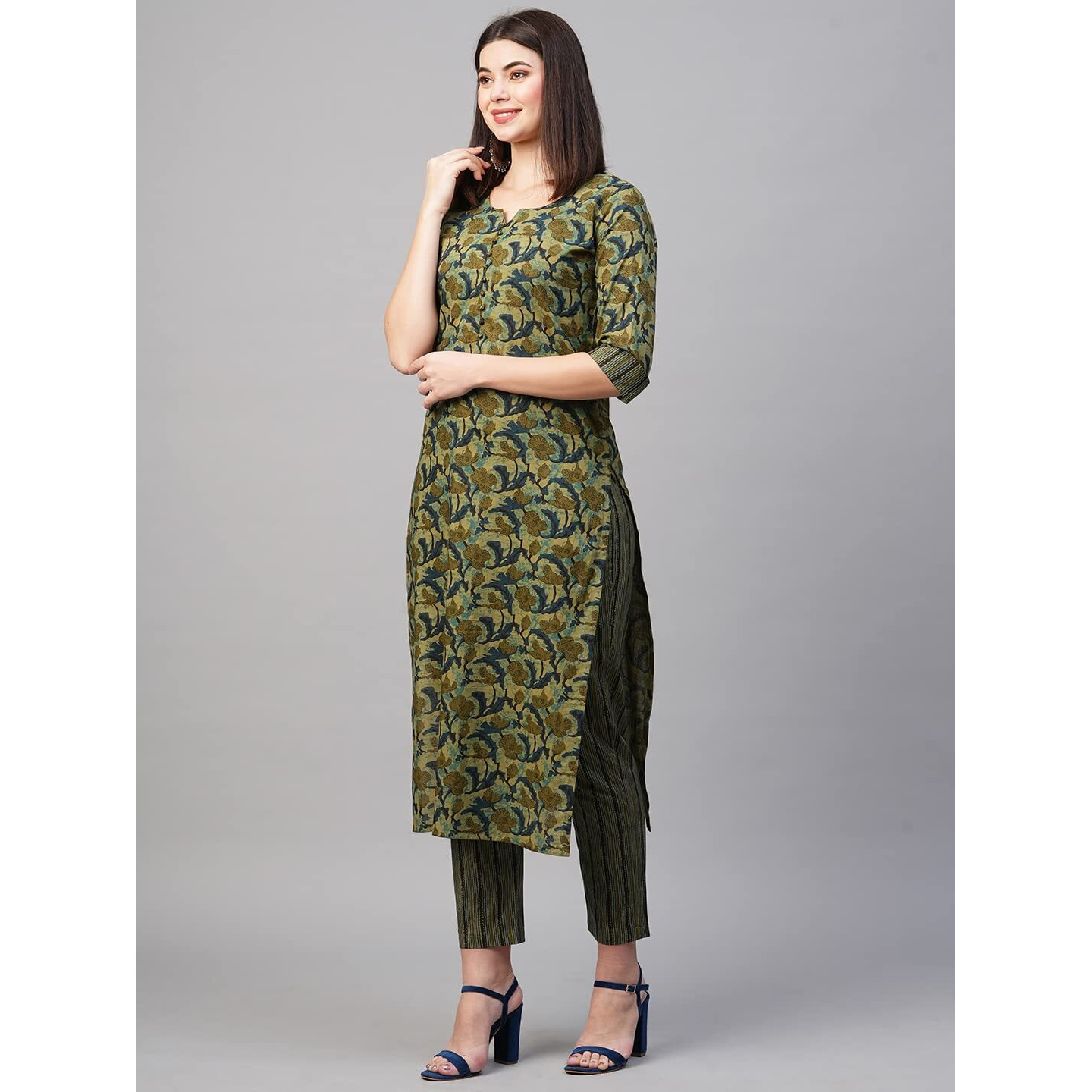 ANNI DESIGNER Women's Cotton Blend Printed Straight Kurta with Pant (Mangla Green-Nw_S_Green_Small)