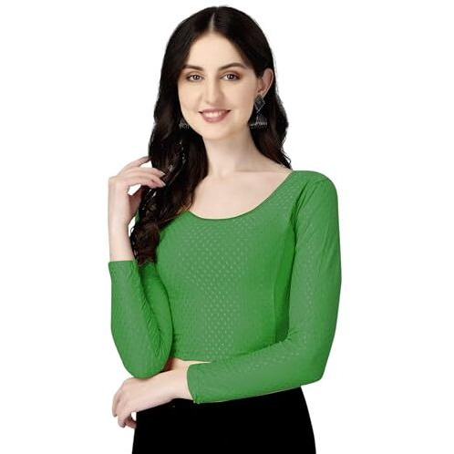 Shiv Textiles Round Neck Dobby Cotton Lycra Stretchable Elbow Sleeve Readymade Saree Blouse for Women Stylish (GreenOver Size Full Sleeve)