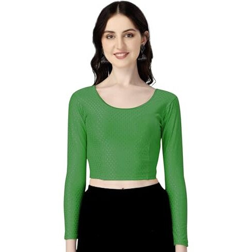Shiv Textiles Round Neck Dobby Cotton Lycra Stretchable Elbow Sleeve Readymade Saree Blouse for Women Stylish (GreenOver Size Full Sleeve)