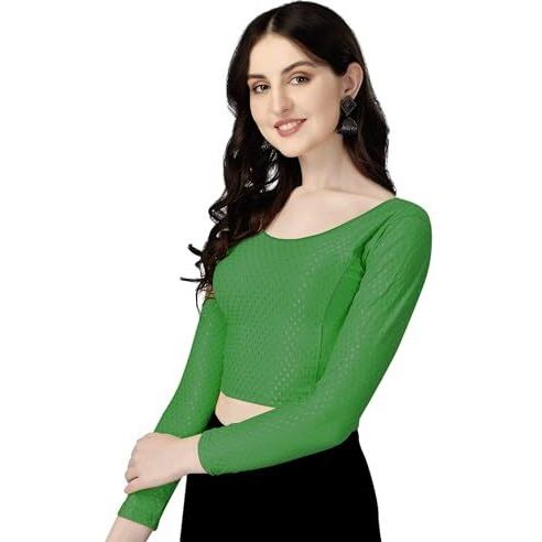 Shiv Textiles Round Neck Dobby Cotton Lycra Stretchable Elbow Sleeve Readymade Saree Blouse for Women Stylish (GreenOver Size Full Sleeve)