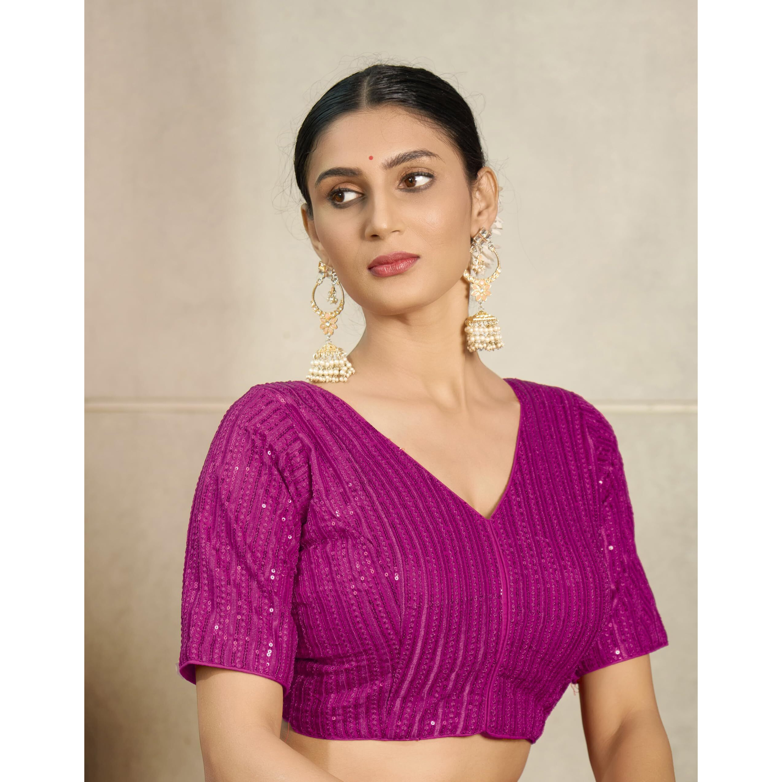 Vihu Fashion Women's Indian Ethnic Wear Designer Silver Sequence with Matching Embroidered Work V Neck Half Sleeve Readymade Padded Saree Blouse Readymade Unique Pink Color Saree Blouse