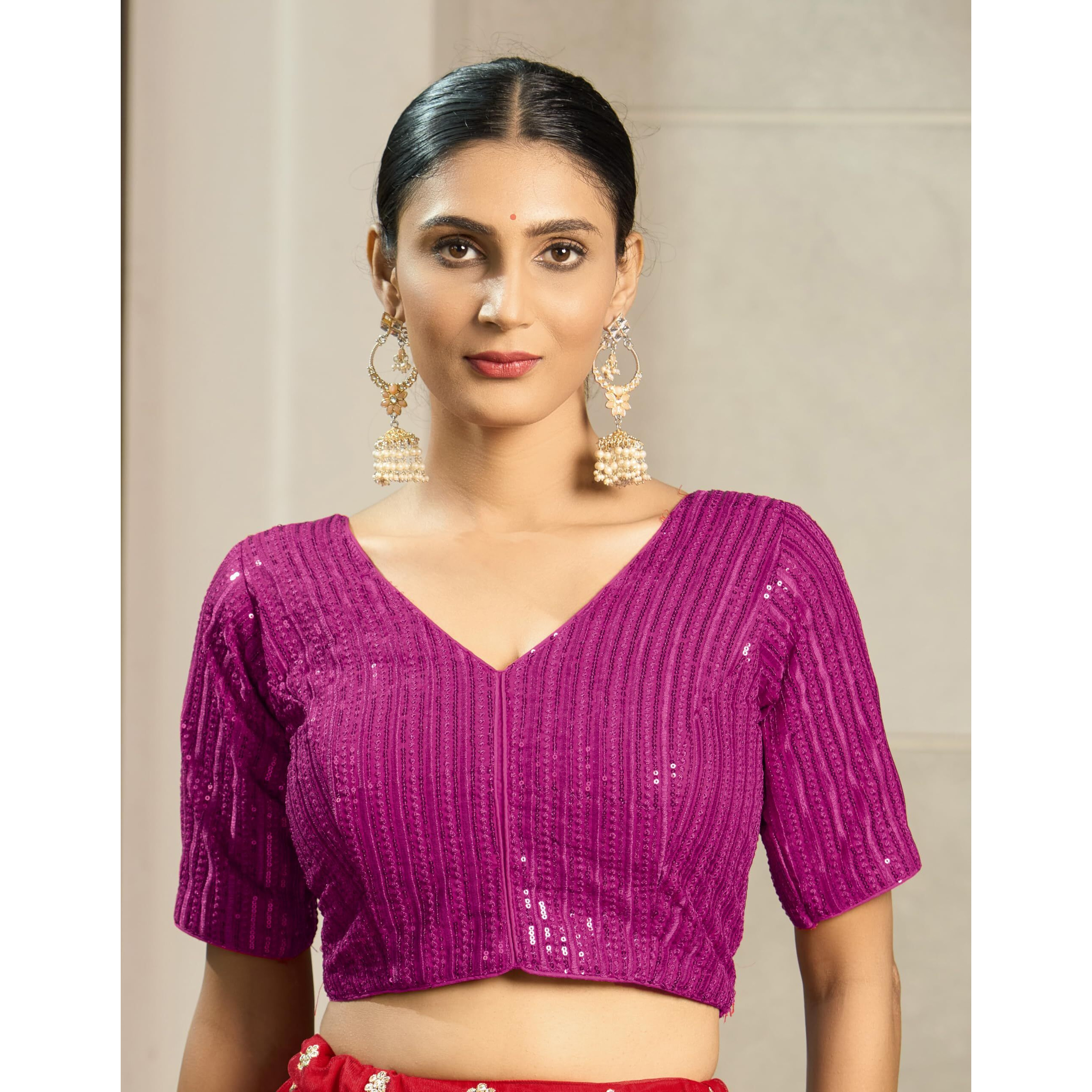 Vihu Fashion Women's Indian Ethnic Wear Designer Silver Sequence with Matching Embroidered Work V Neck Half Sleeve Readymade Padded Saree Blouse Readymade Unique Pink Color Saree Blouse