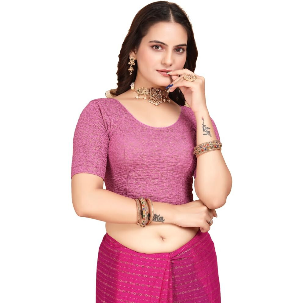 Sft Round Neck Jacquard Elbow Sleeve Readymade Saree Blouse for Women Stylish (RIMZIN