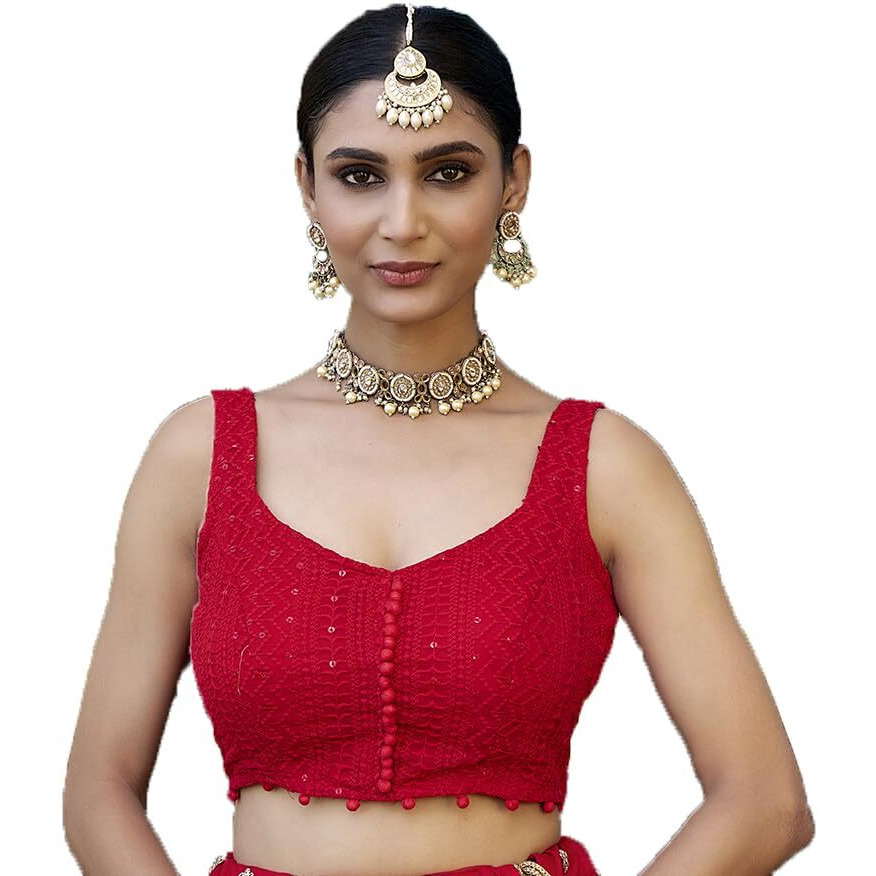 Pujia Mills Women's Readymade Fancy Blouse Embroidery Lucknowi Work Sequence Work Indian Ethnic Designer Sleeveless Blouse Readymade Sweetheart Neck Blouse Red for Women Saree Lehenga Choli
