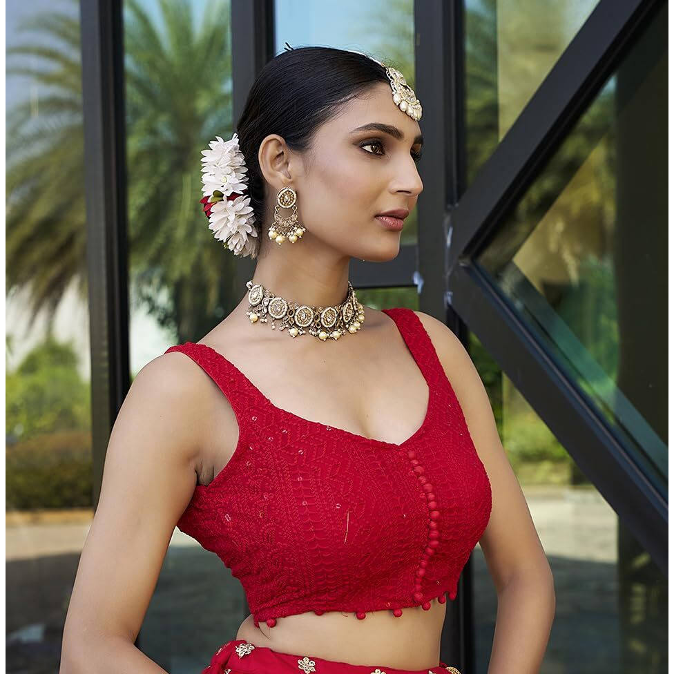 Pujia Mills Women's Readymade Fancy Blouse Embroidery Lucknowi Work Sequence Work Indian Ethnic Designer Sleeveless Blouse Readymade Sweetheart Neck Blouse Red for Women Saree Lehenga Choli