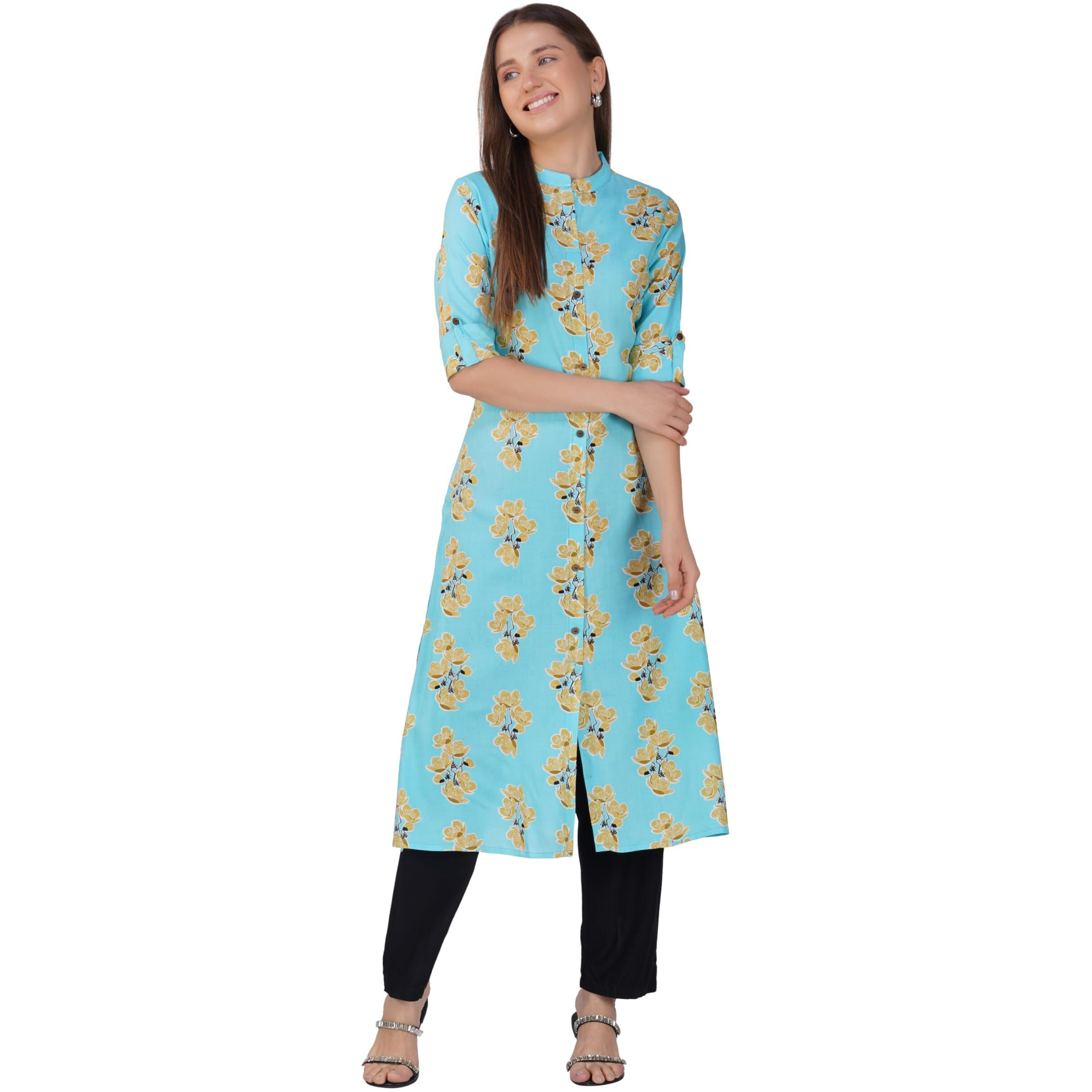 rytras Women's Printed A-Line Kurta(RYT541,Turquoise,S)