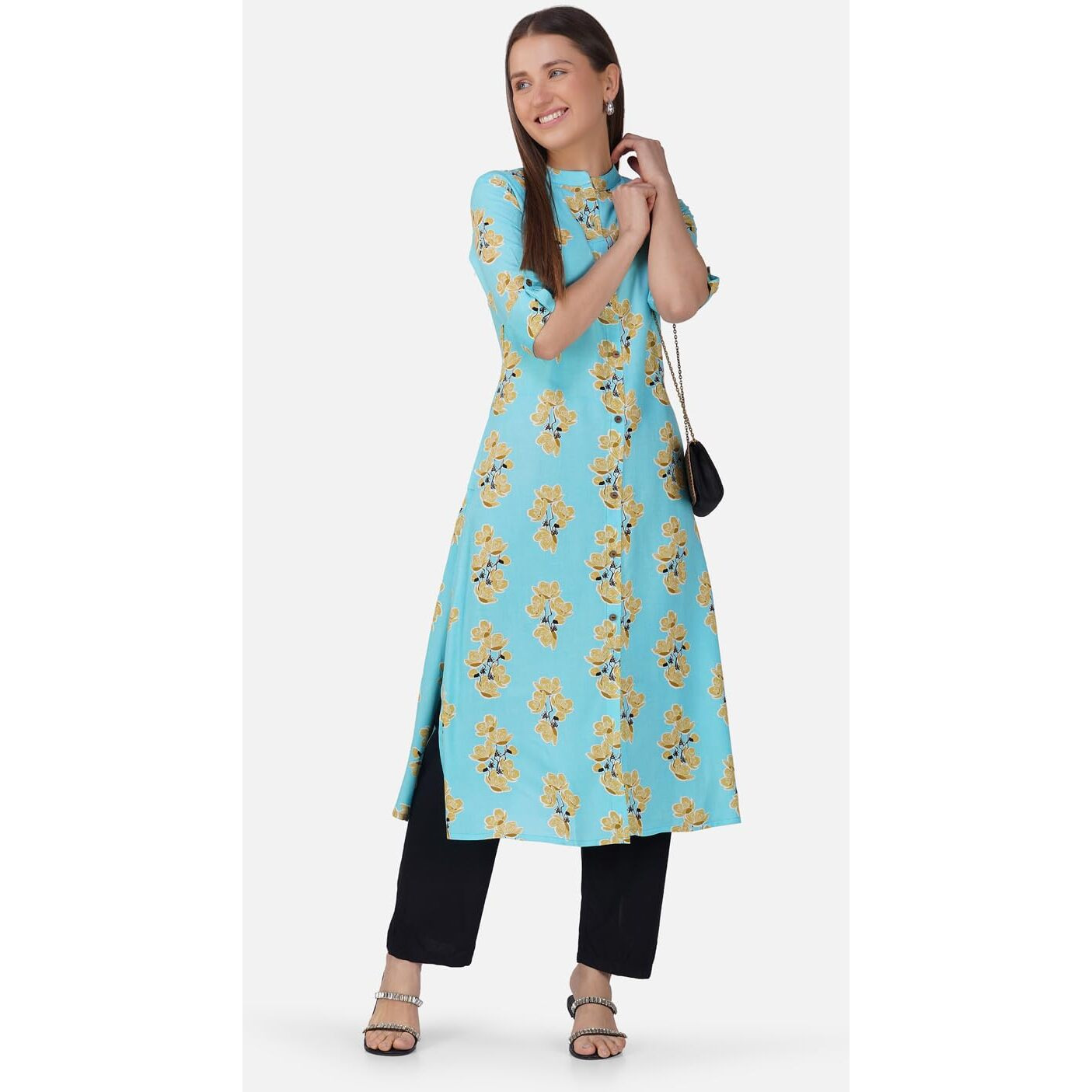 rytras Women's Printed A-Line Kurta(RYT541,Turquoise,S)
