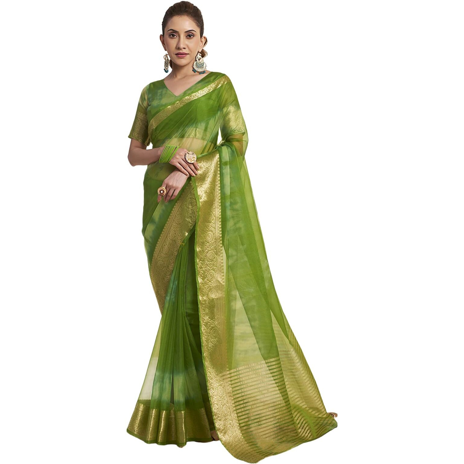 Satrani Women's Organza Printed Jacquard Border Zari Stripe Saree with Unstitched Blouse Piece (3797S441N_Green)