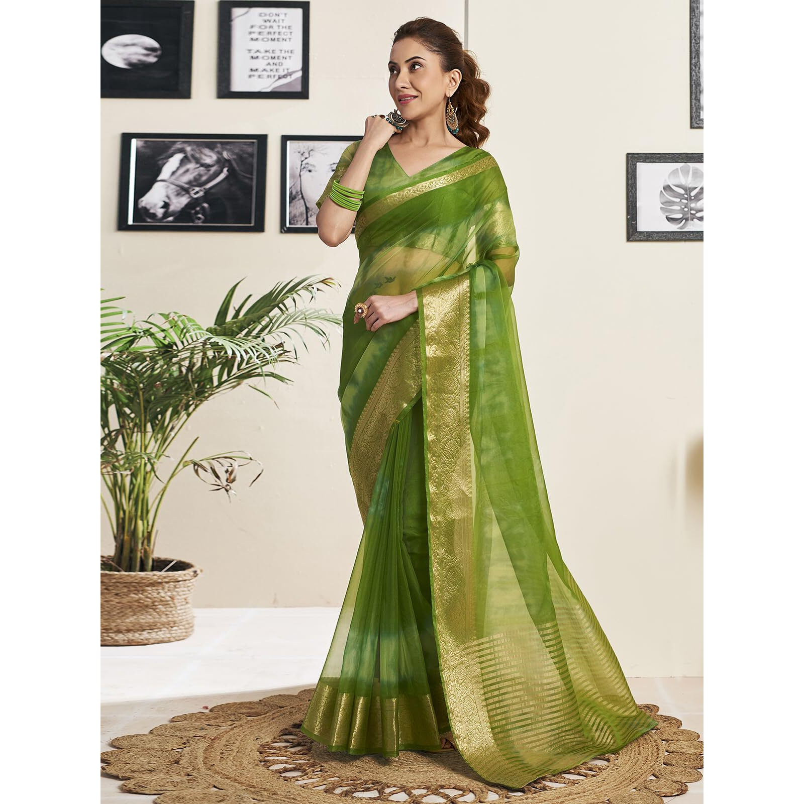 Satrani Women's Organza Printed Jacquard Border Zari Stripe Saree with Unstitched Blouse Piece (3797S441N_Green)