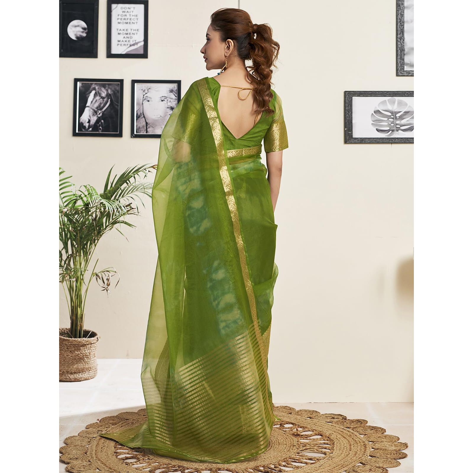 Satrani Women's Organza Printed Jacquard Border Zari Stripe Saree with Unstitched Blouse Piece (3797S441N_Green)