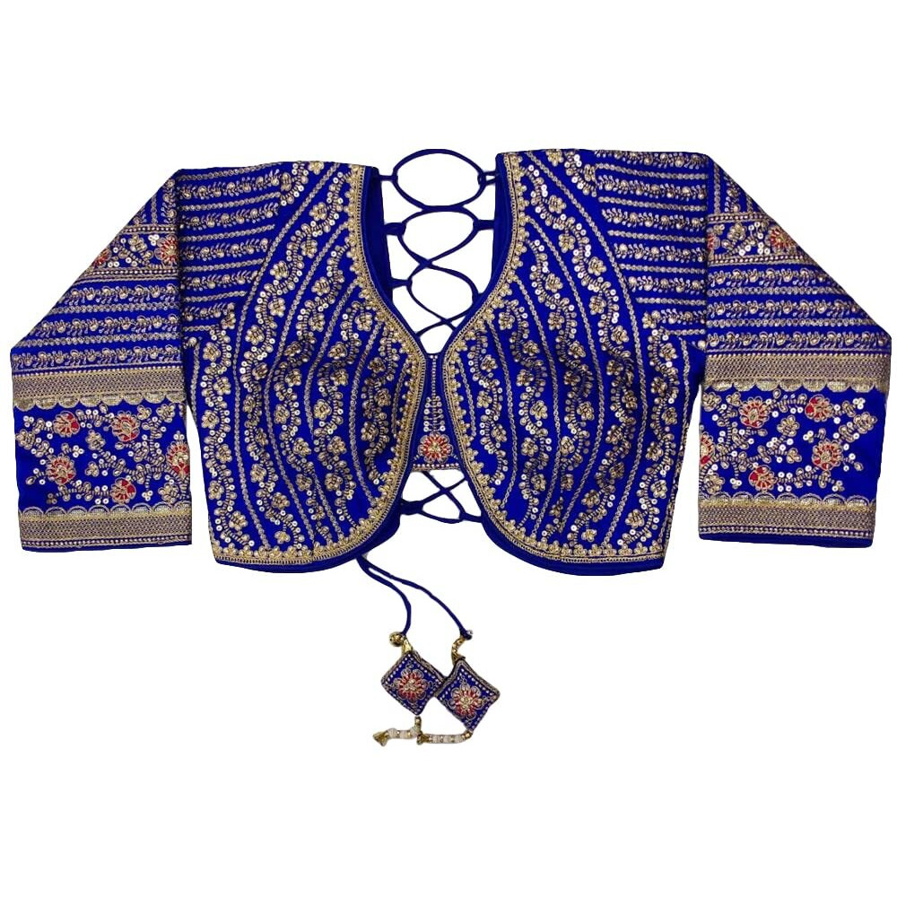 Pujia Mills Women's Heavy Embroidery Coding with Sequins Work 3/4 Sleeves Fancy Readymade Saree Blouse (Royal Blue, 42)