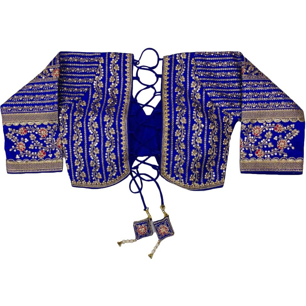 Pujia Mills Women's Heavy Embroidery Coding with Sequins Work 3/4 Sleeves Fancy Readymade Saree Blouse (Royal Blue, 42)