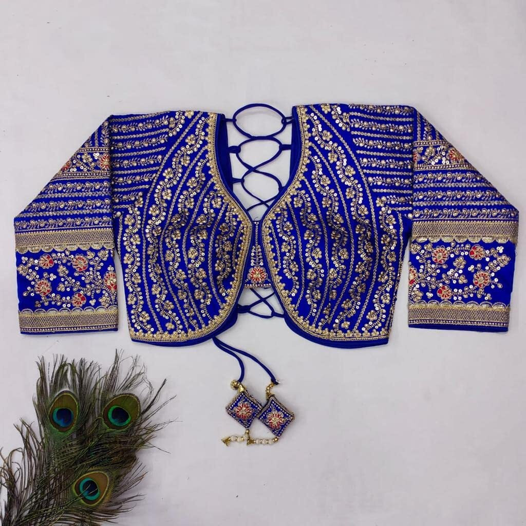 Pujia Mills Women's Heavy Embroidery Coding with Sequins Work 3/4 Sleeves Fancy Readymade Saree Blouse (Royal Blue, 42)