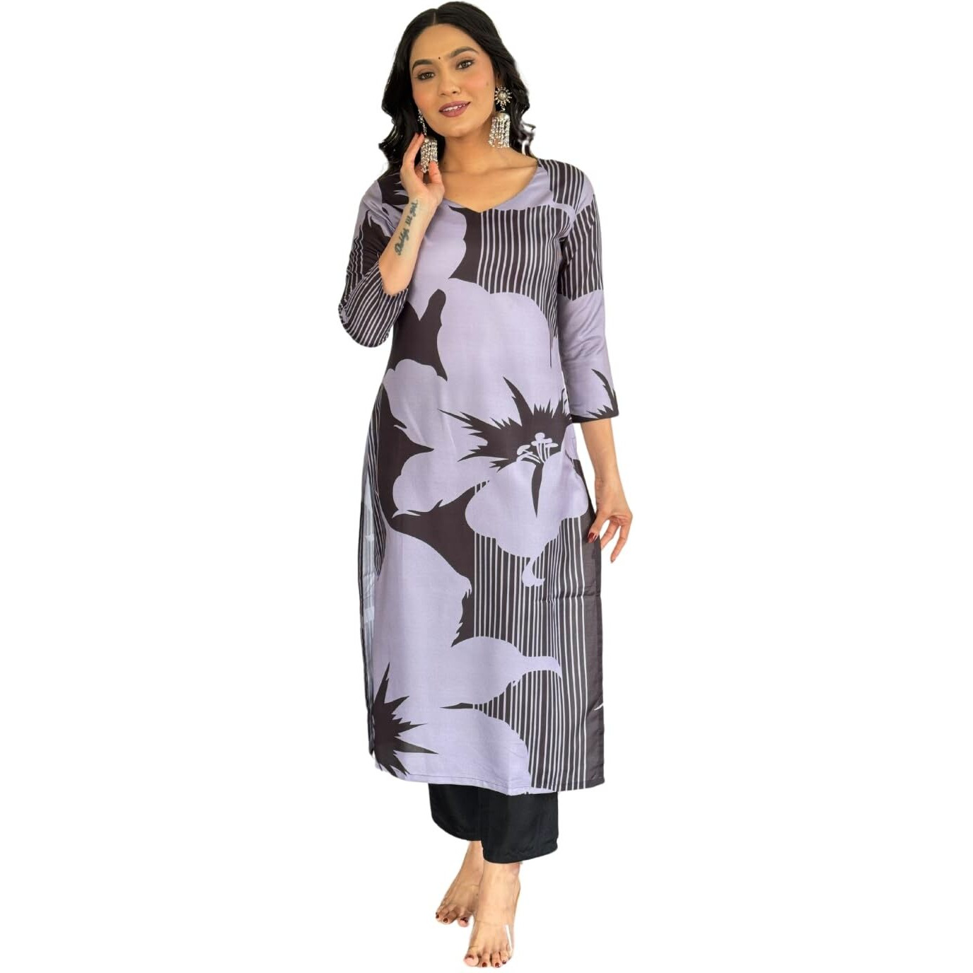 Naixa Women's Black Rayon Printed Straight Kurta with Rayon Pant (NX-251-Black-XL)
