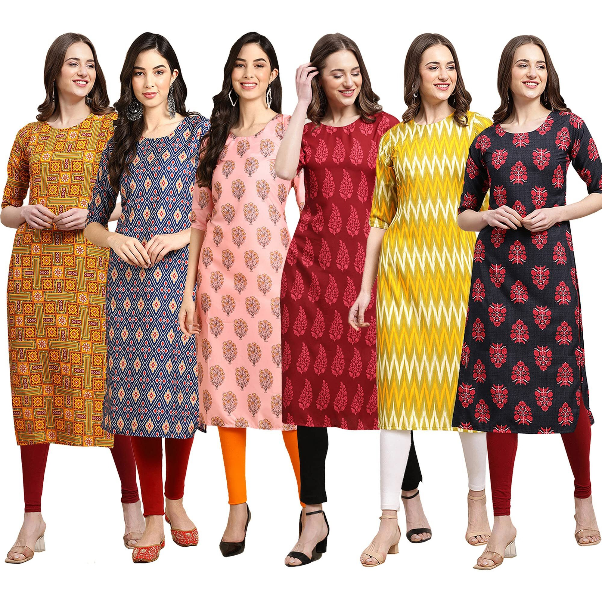 Pinkmint Women's Crepe Digital Print Straight Kurta Pack of 6 [CR-333-358-368-337-329-345-L]