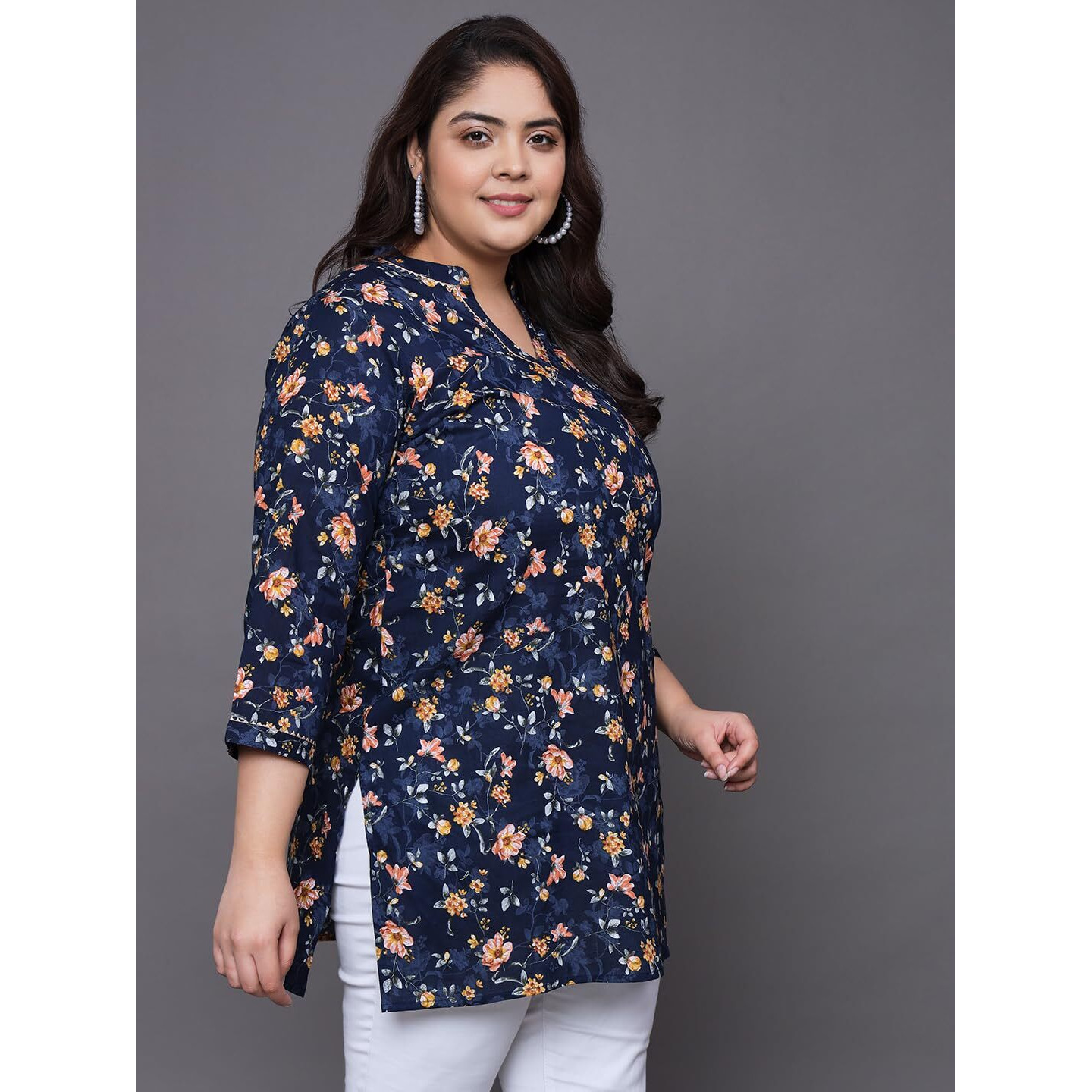 Tissu Women's Plus Size Navy Floral Printed Pure Cotton Kurti (2258_Blue_3XL)